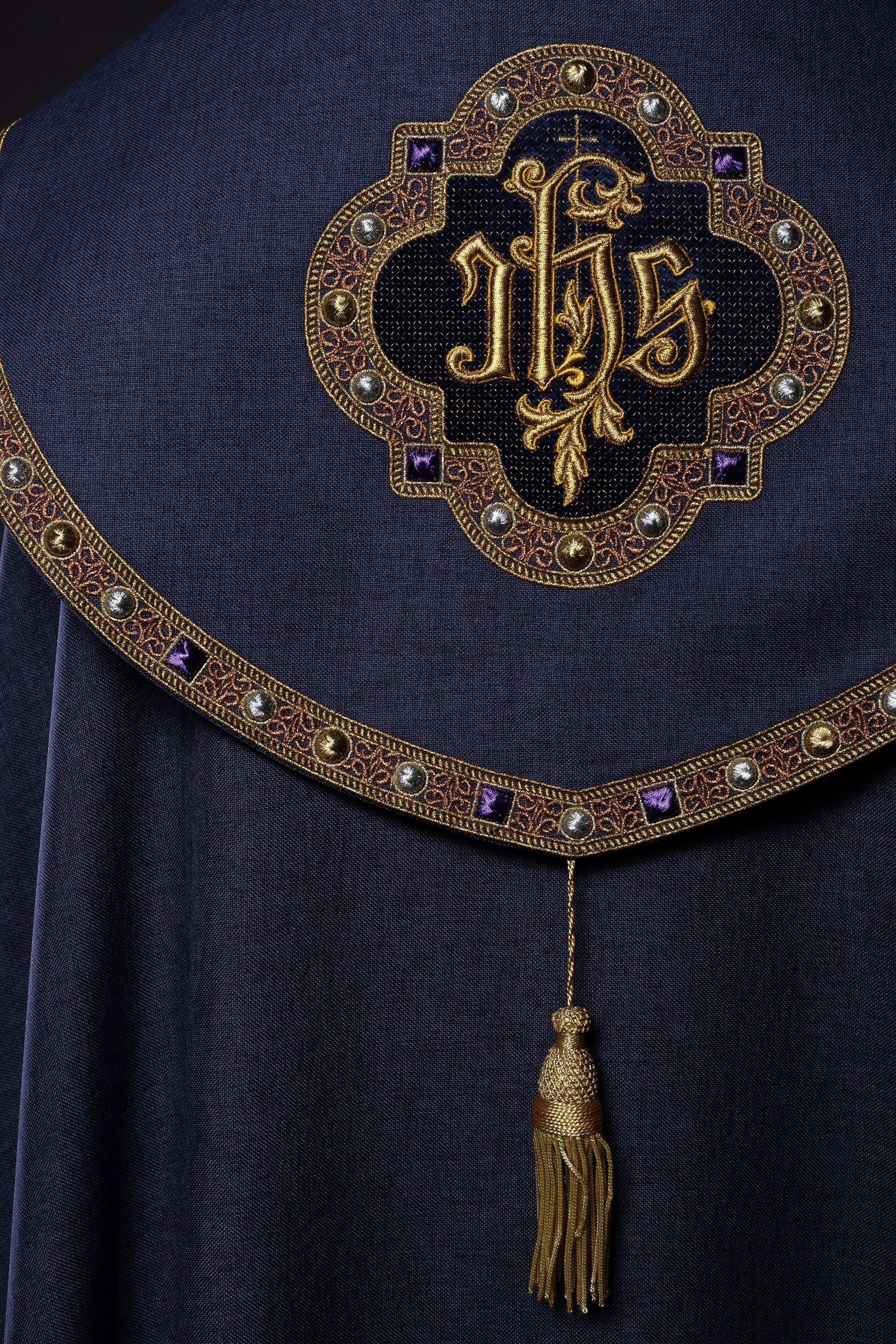 Purple liturgical cape with gold IHS - HAFTINAUSA.COM