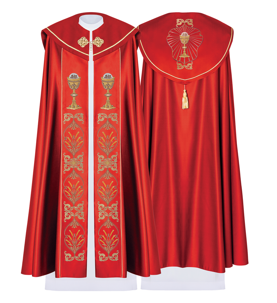 Red liturgical cope with Eucharist Chalice embroidery