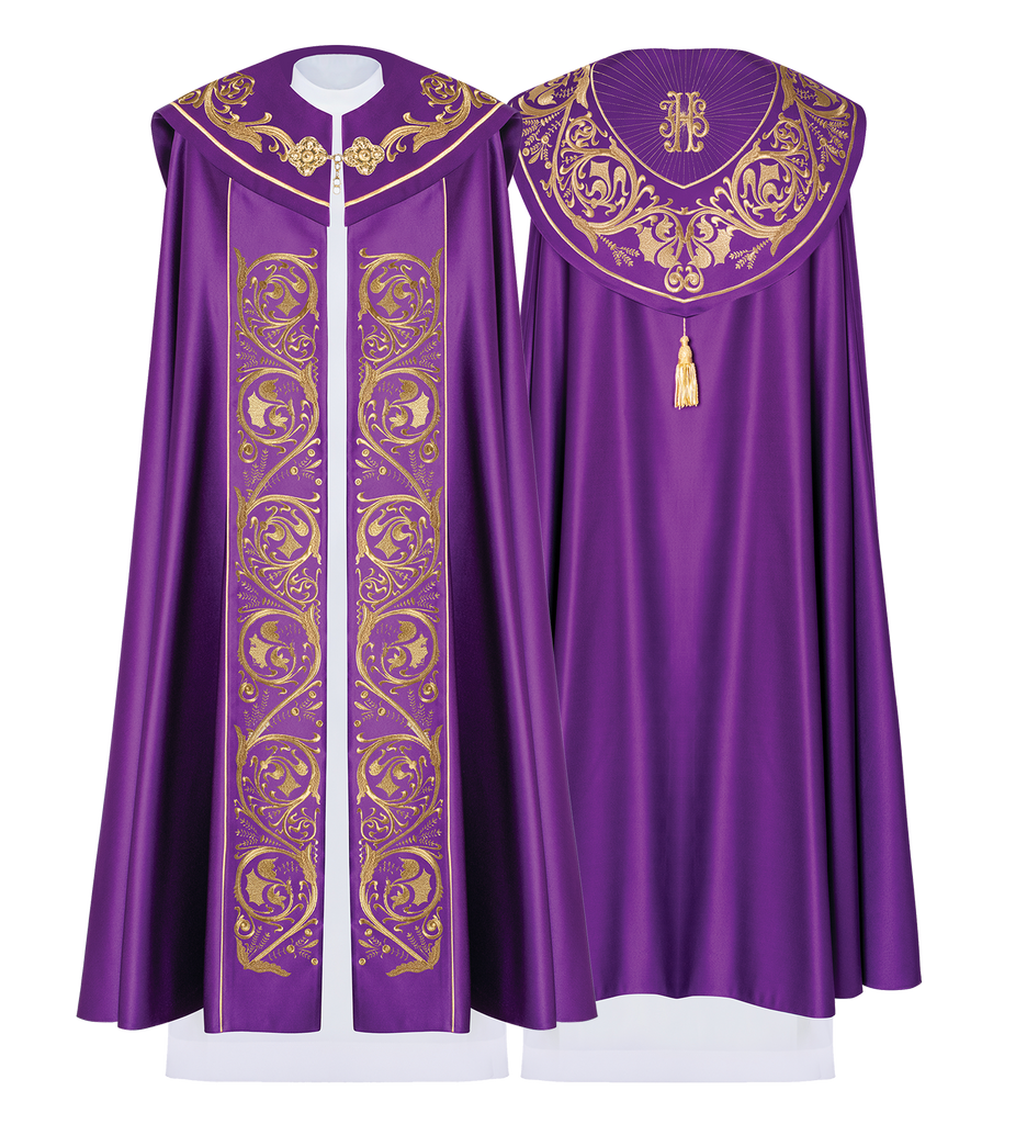 Purple church cope with gold IHS monogram
