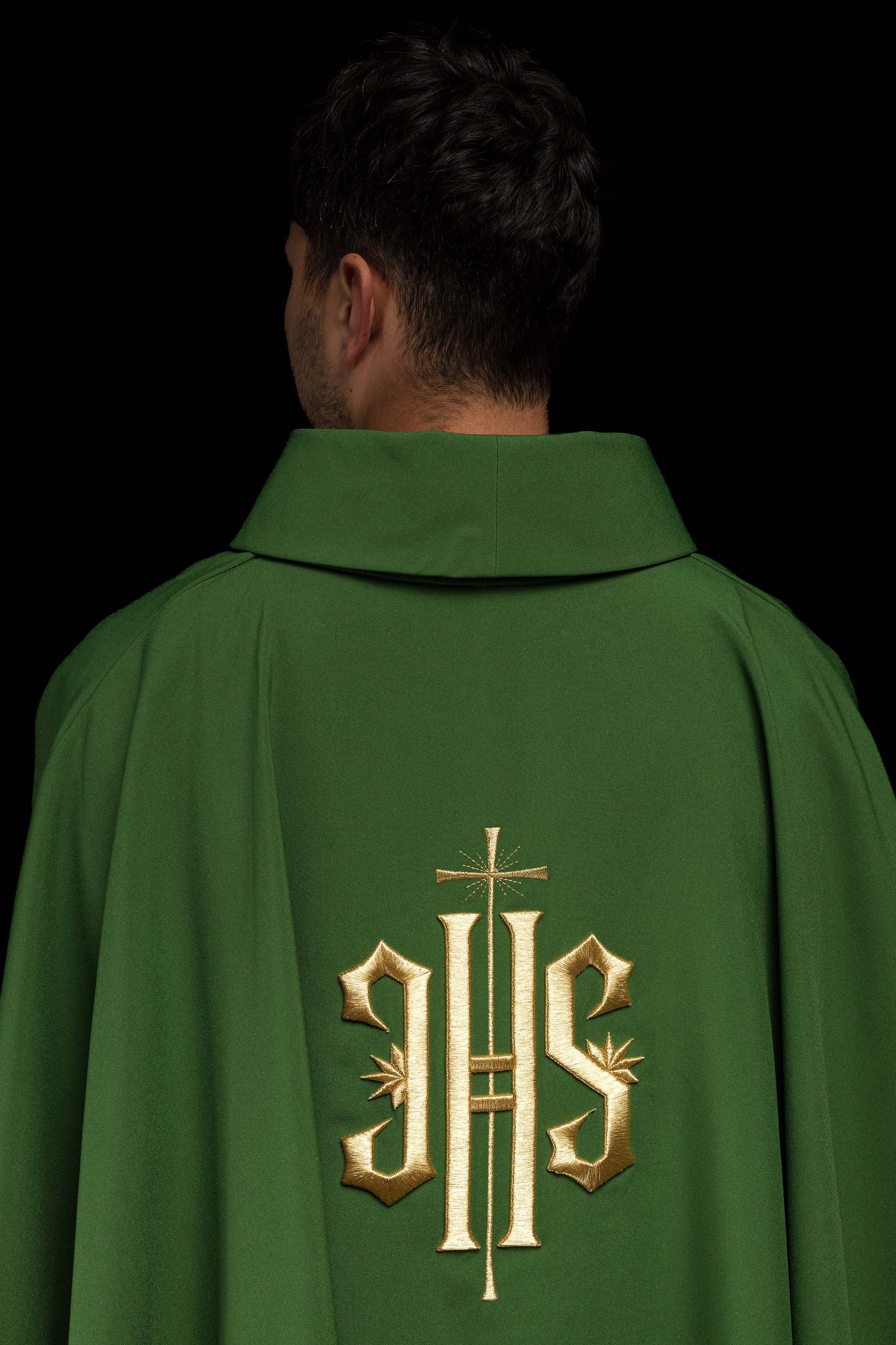 Green chasuble embroidered with IHS motif