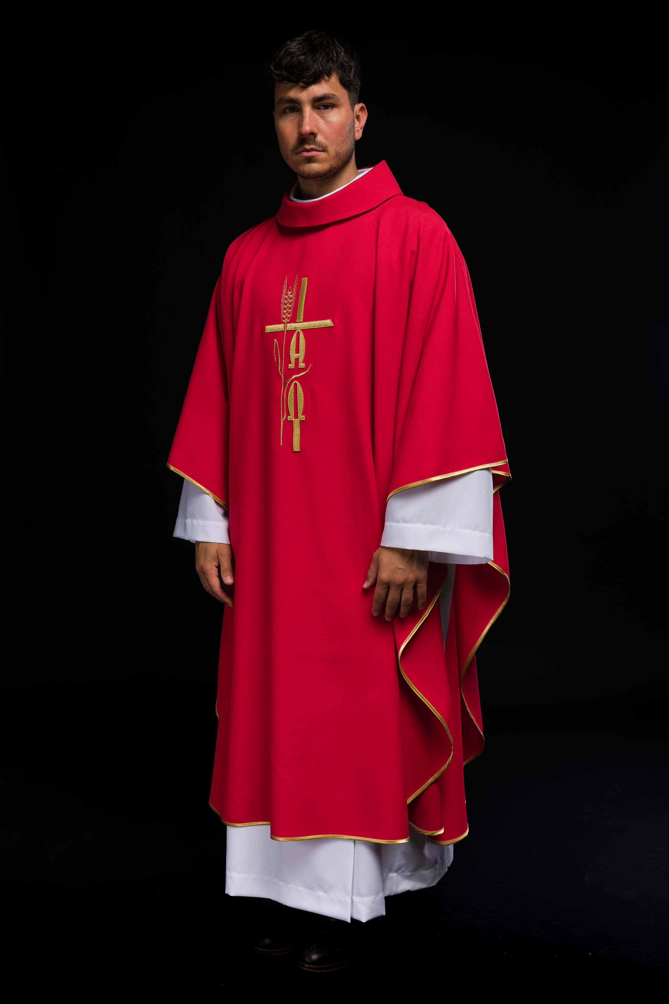 Red chasuble with cross and alfa omega symbols