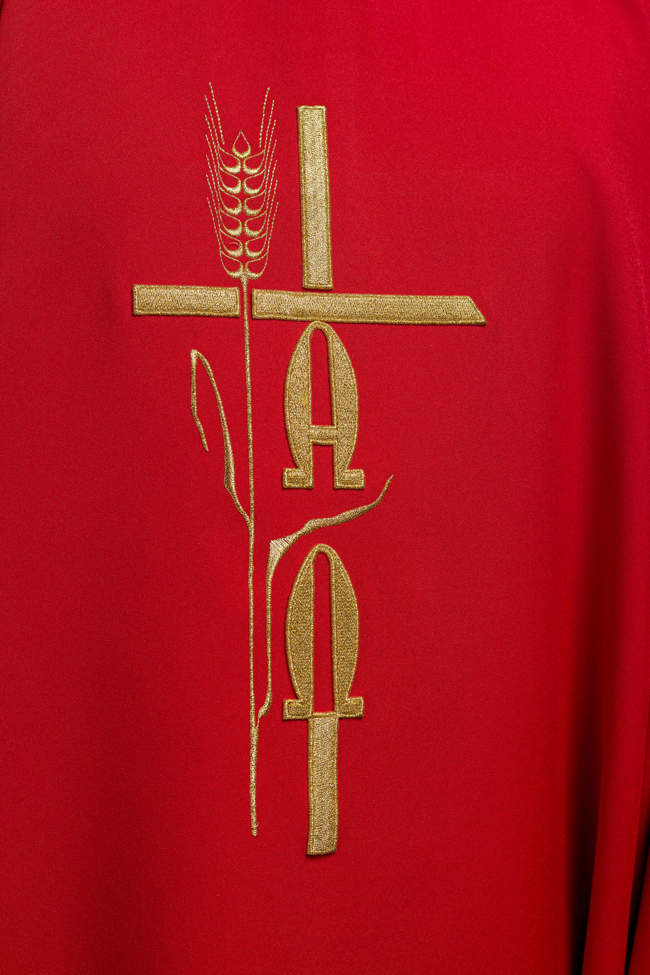 Red chasuble with cross and alfa omega symbols