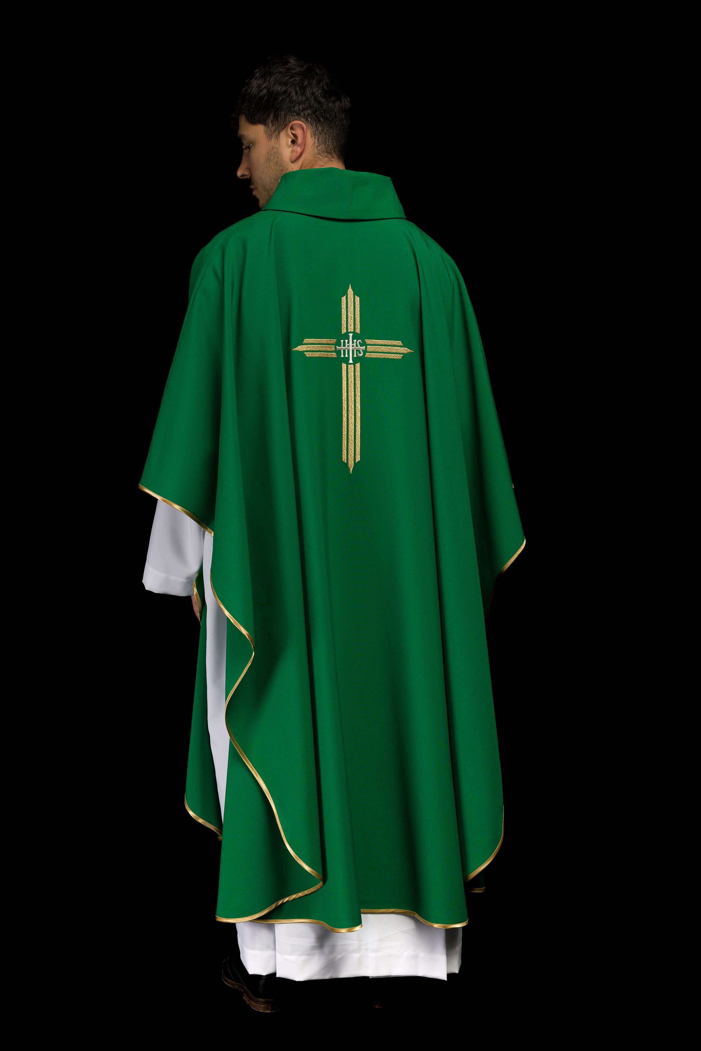 Green chasuble embroidered with the symbol of Cross IHS