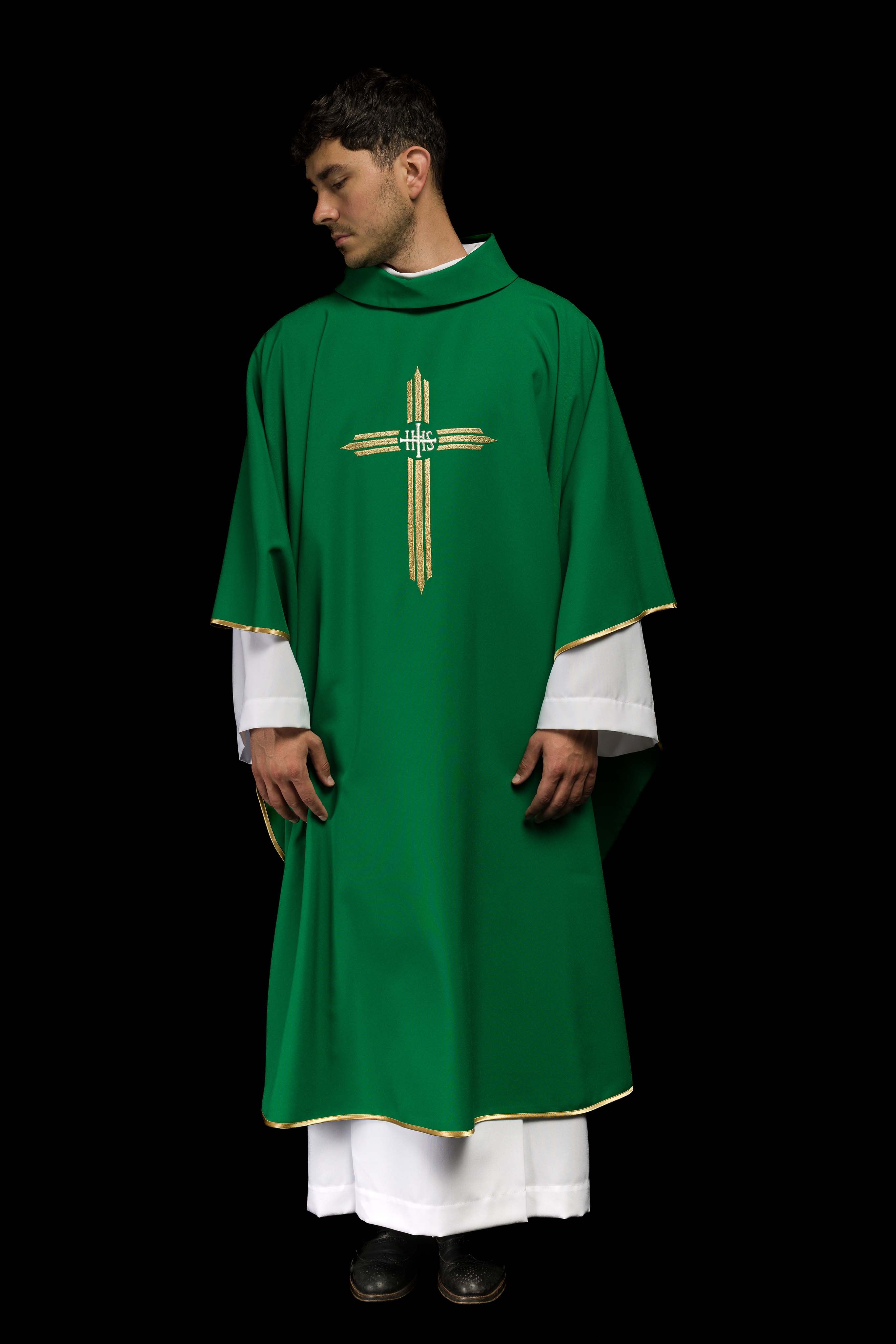 Green chasuble embroidered with the symbol of Cross IHS