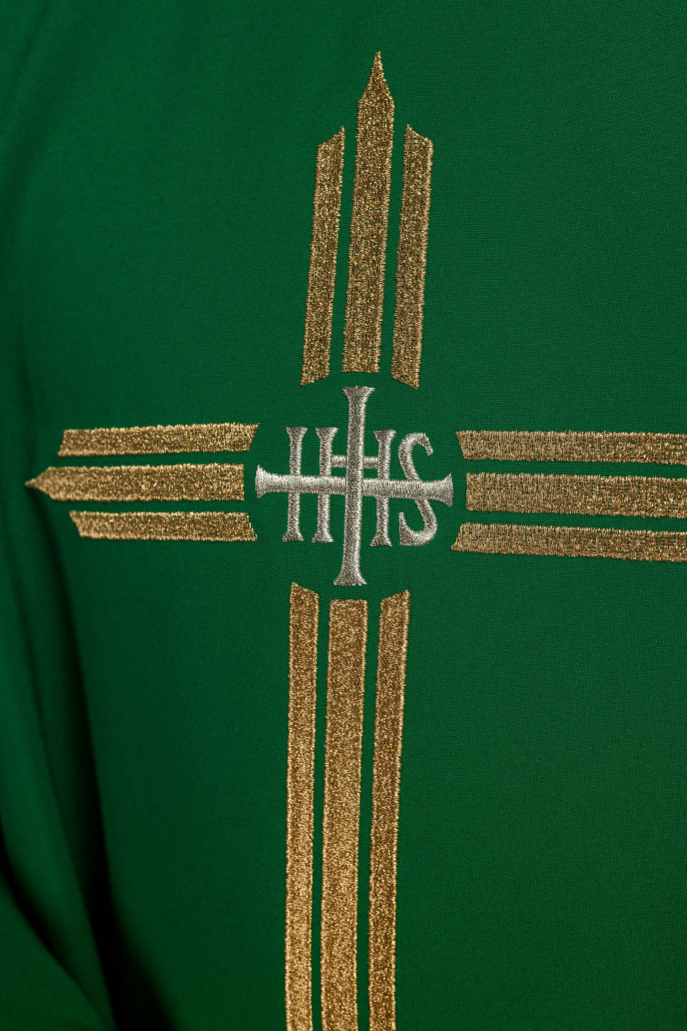 Green chasuble embroidered with the symbol of Cross IHS