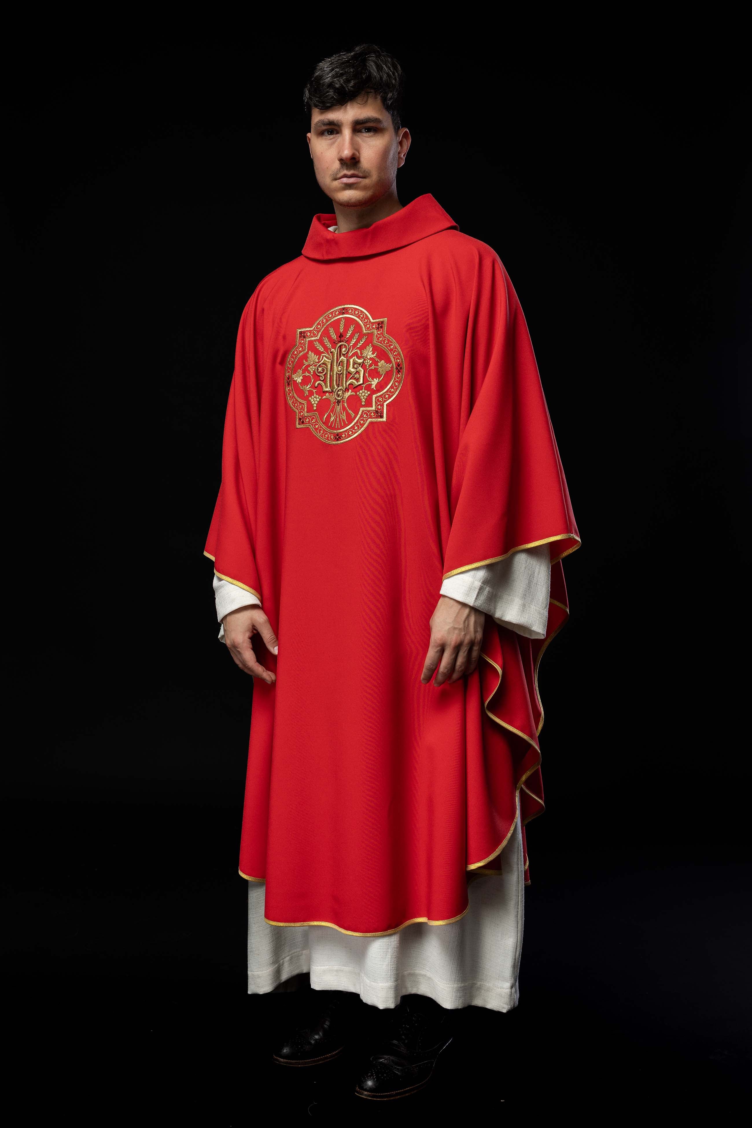 Red chasuble with IHS and PAX embroidery