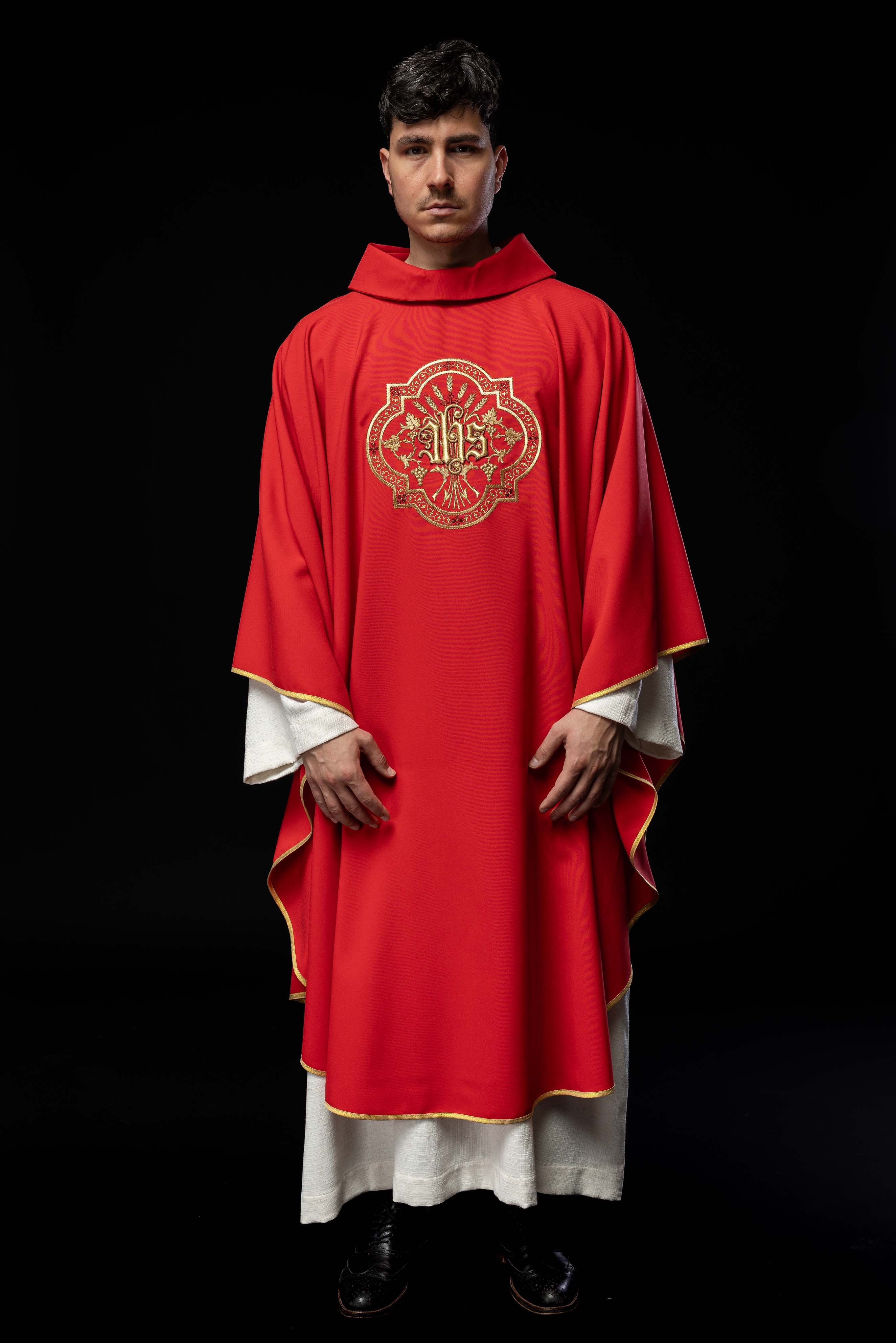 Red chasuble with IHS and PAX embroidery