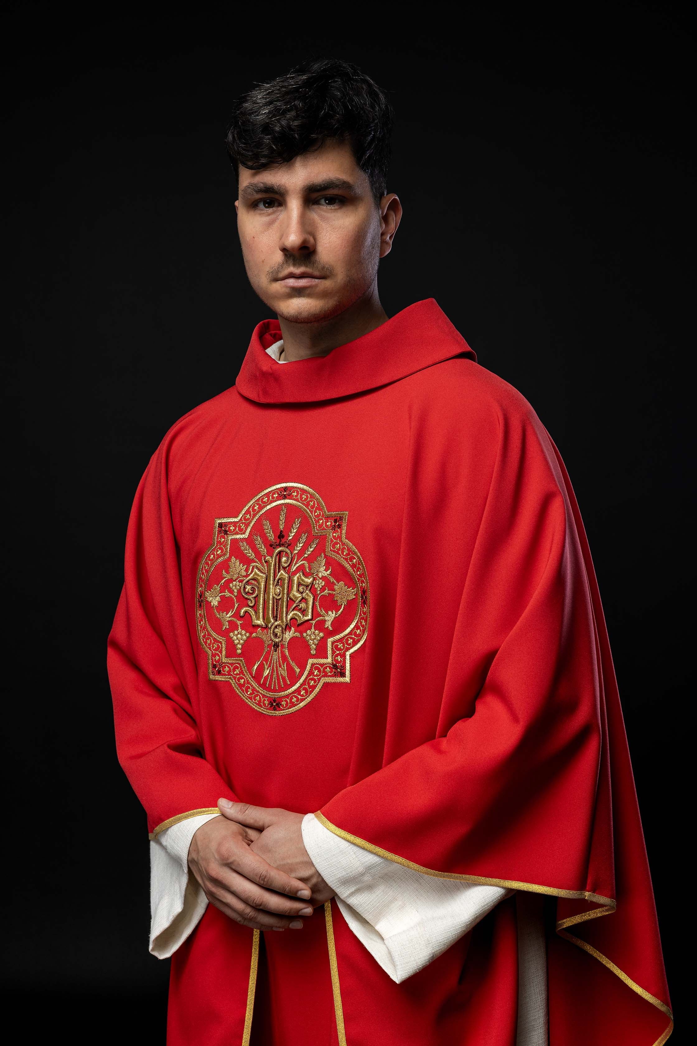 Red chasuble with IHS and PAX embroidery