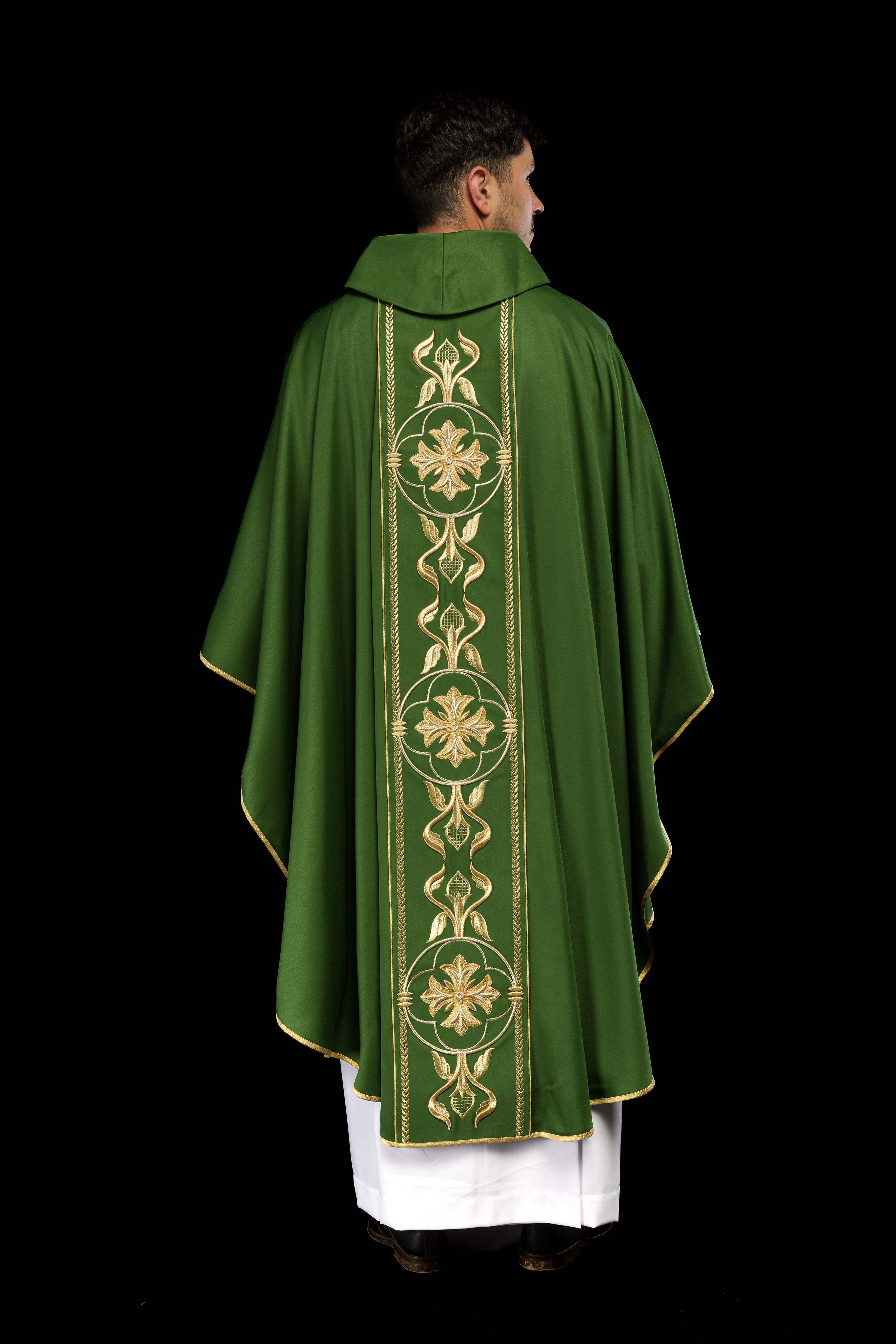 Richly embroidered green chasuble