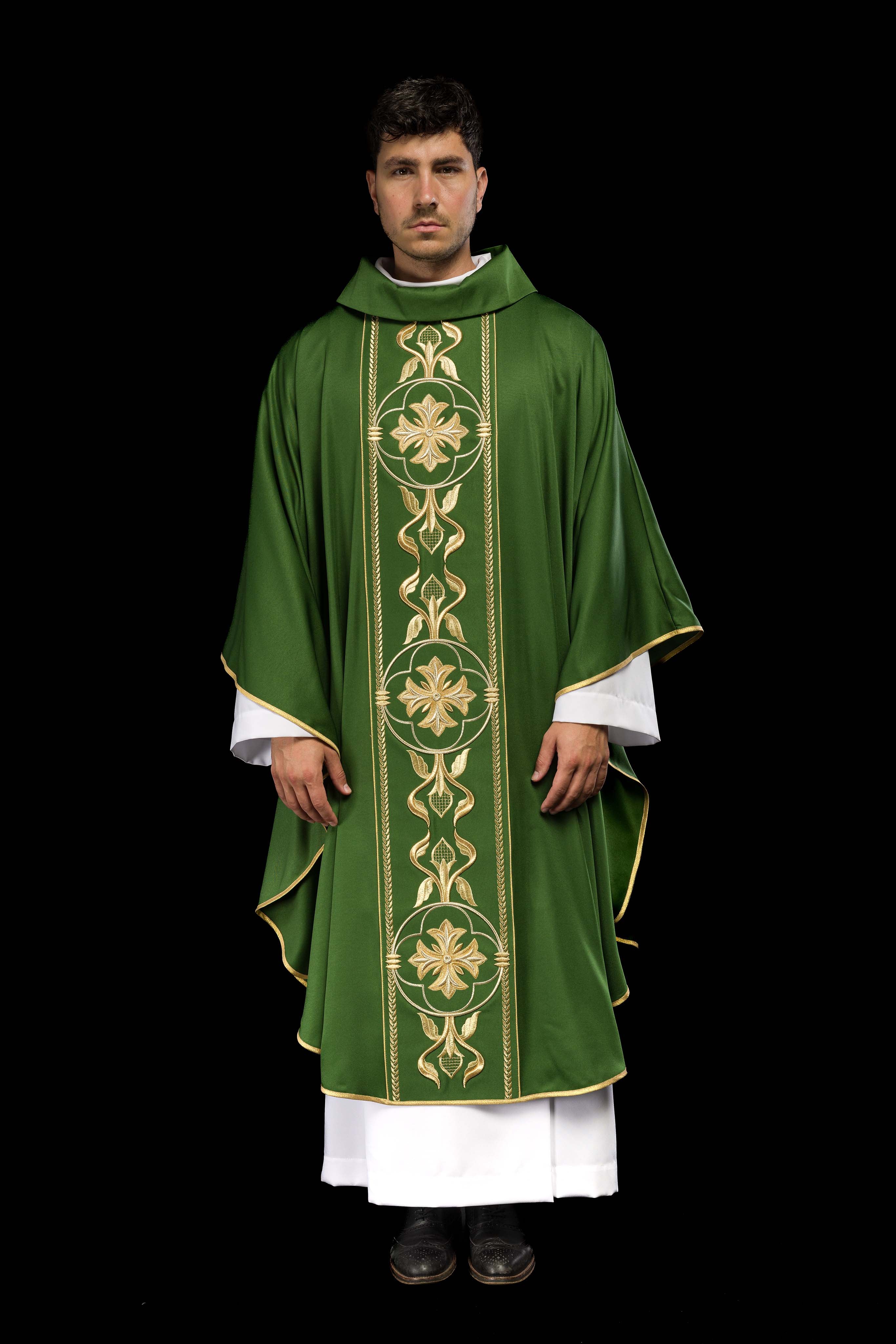 Richly embroidered green chasuble