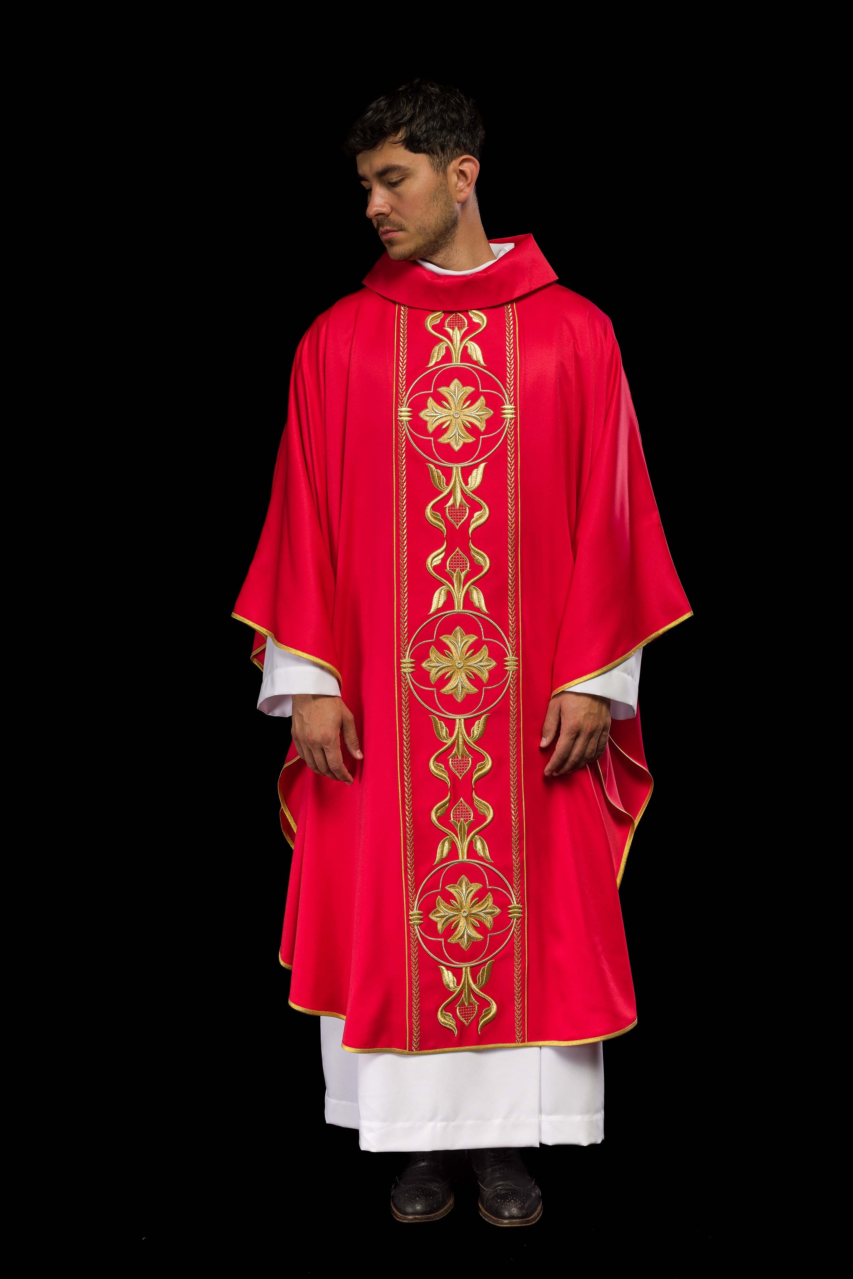 Embroidered red chasuble with decorative band