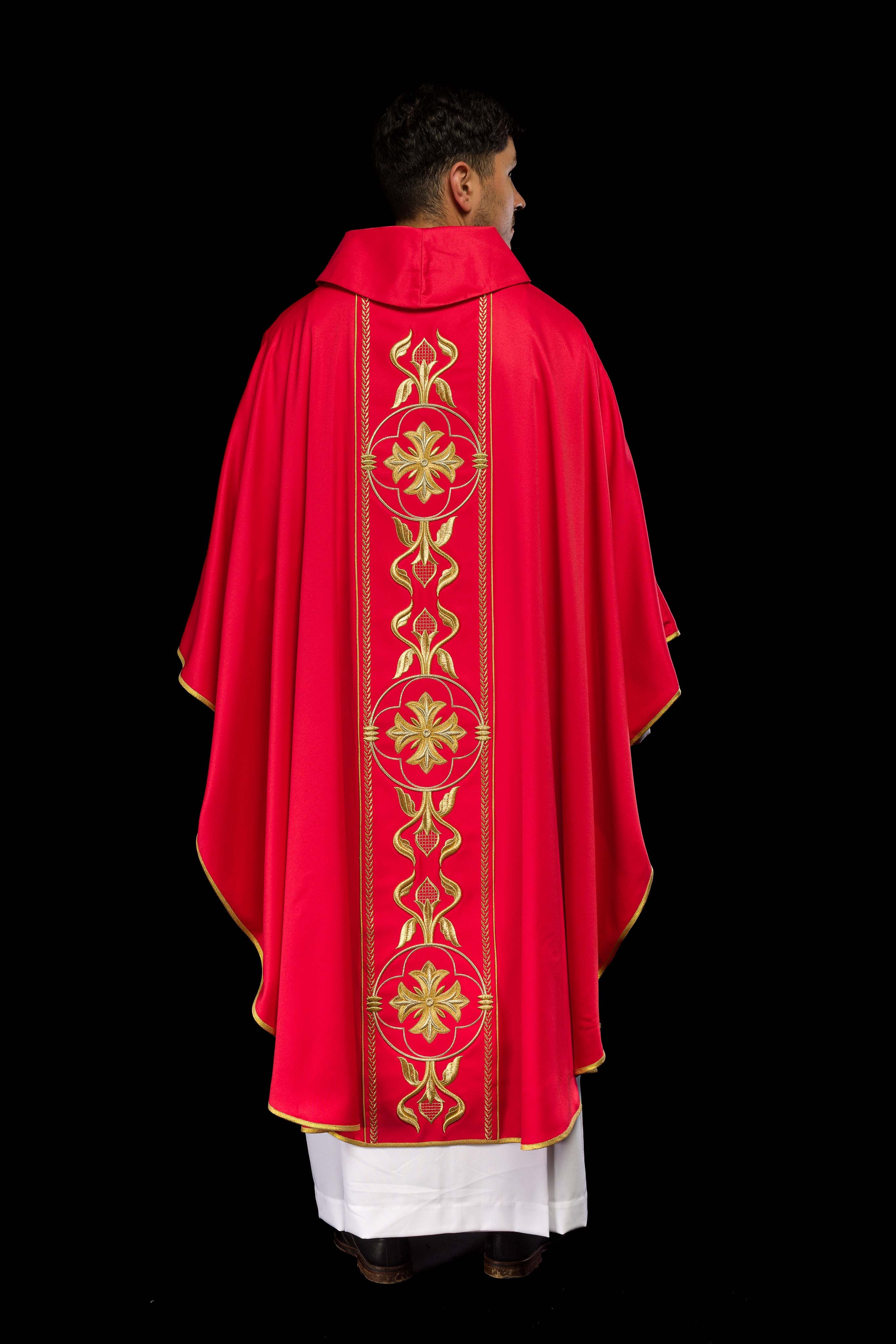 Embroidered red chasuble with decorative band