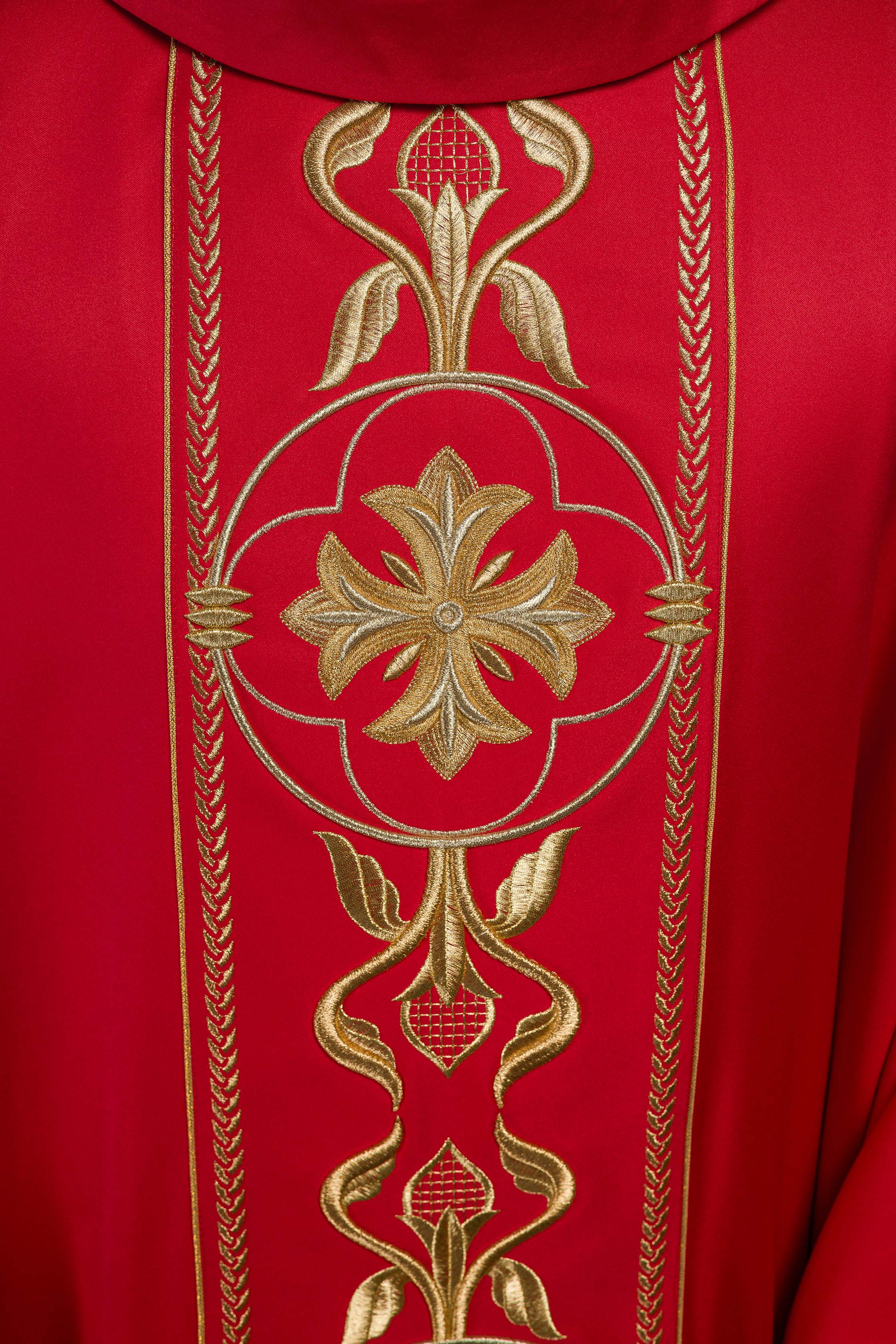 Embroidered red chasuble with decorative band