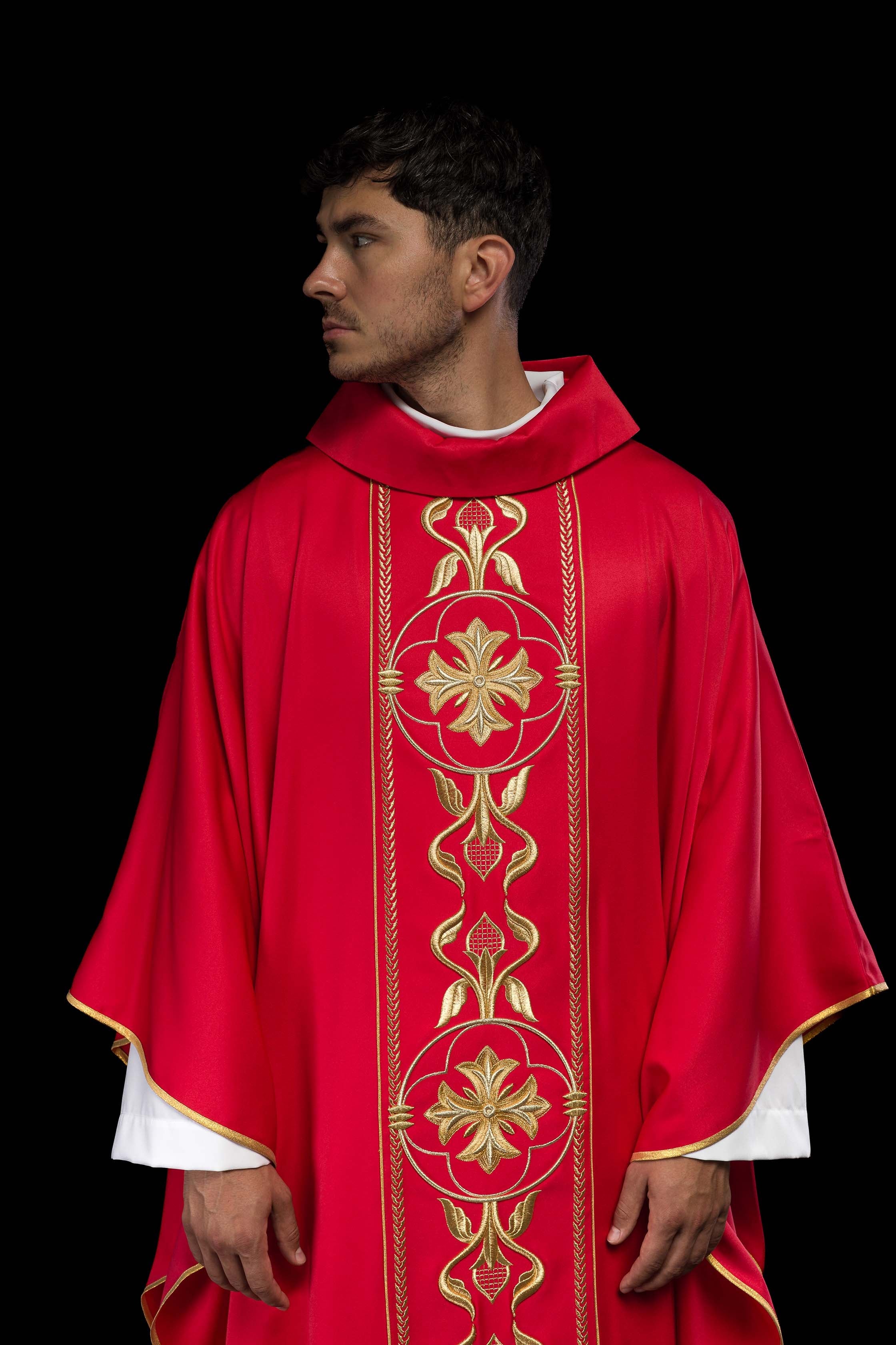 Embroidered red chasuble with decorative band