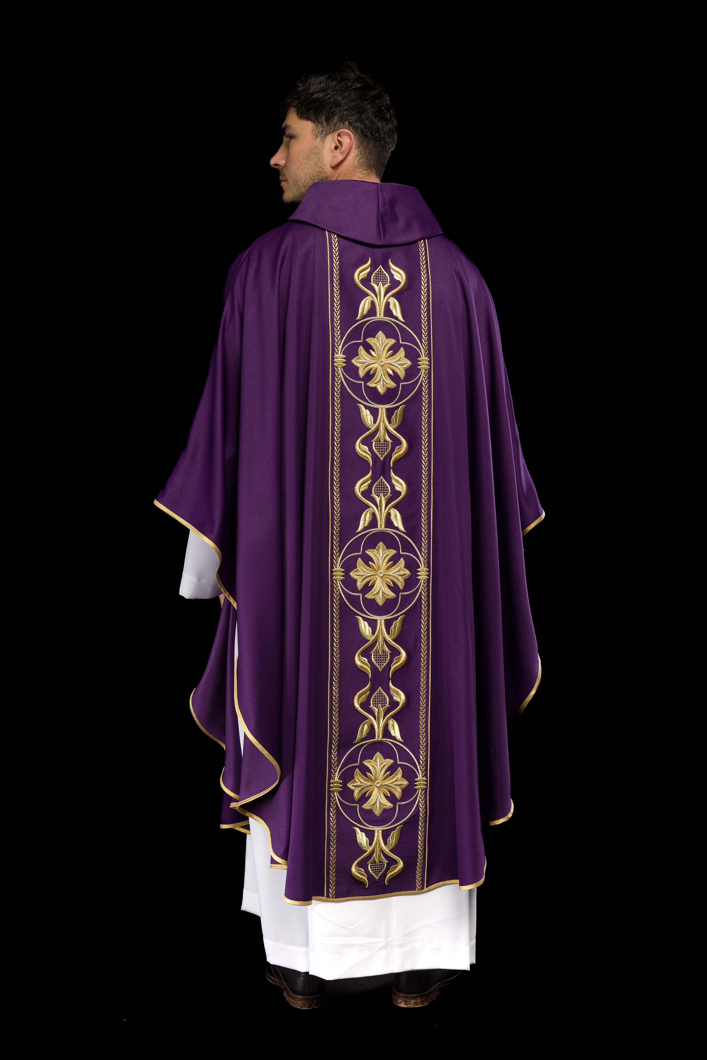Embroidered purple chasuble with decorative band