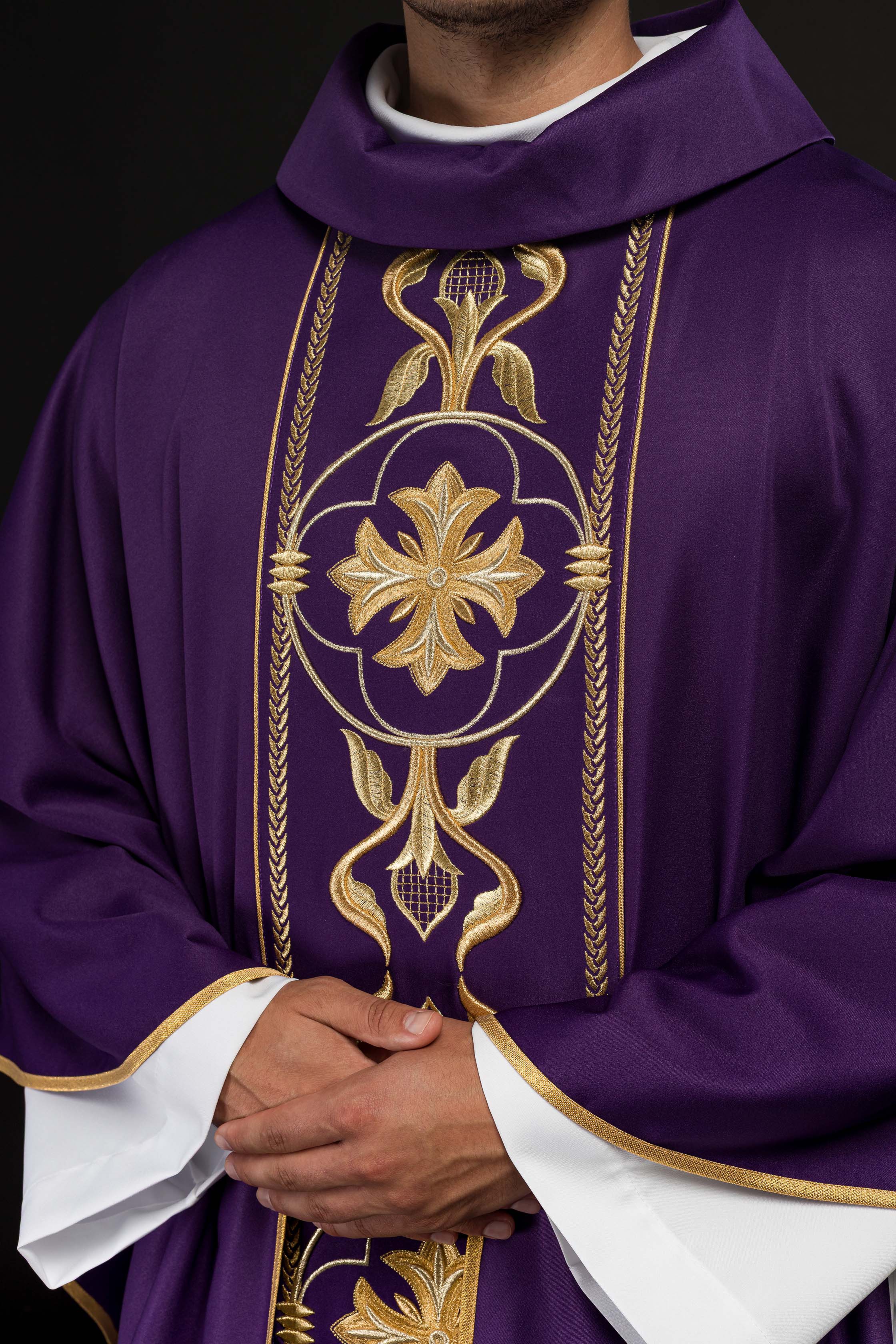 Embroidered purple chasuble with decorative band