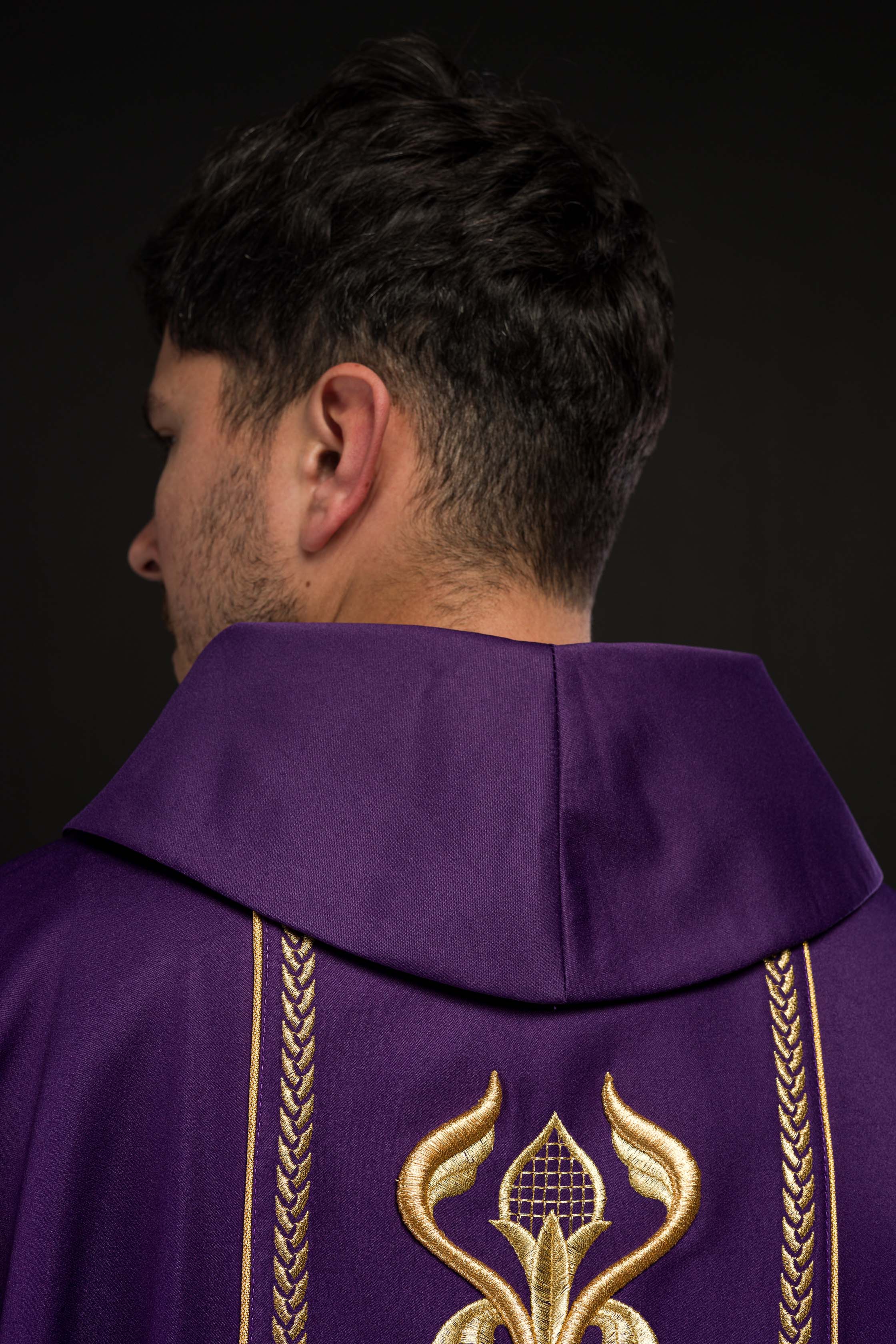 Embroidered purple chasuble with decorative band