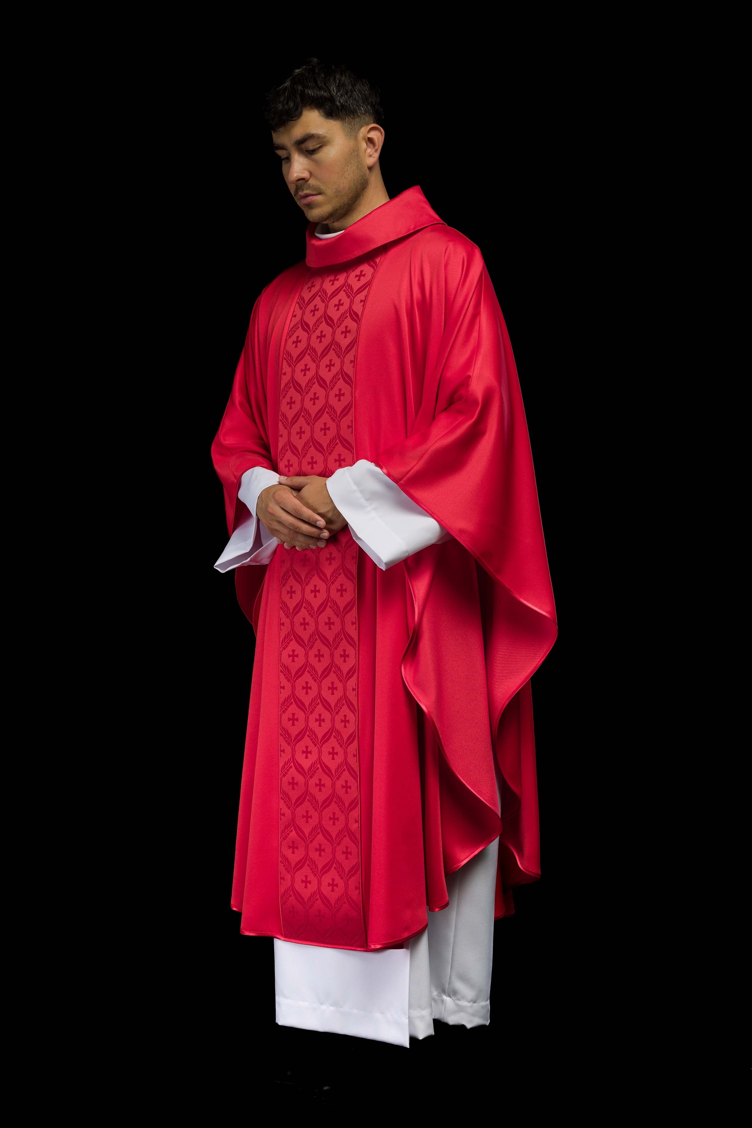 Red Chasuble with Jacquard Orphrey Featuring Cross Motifs