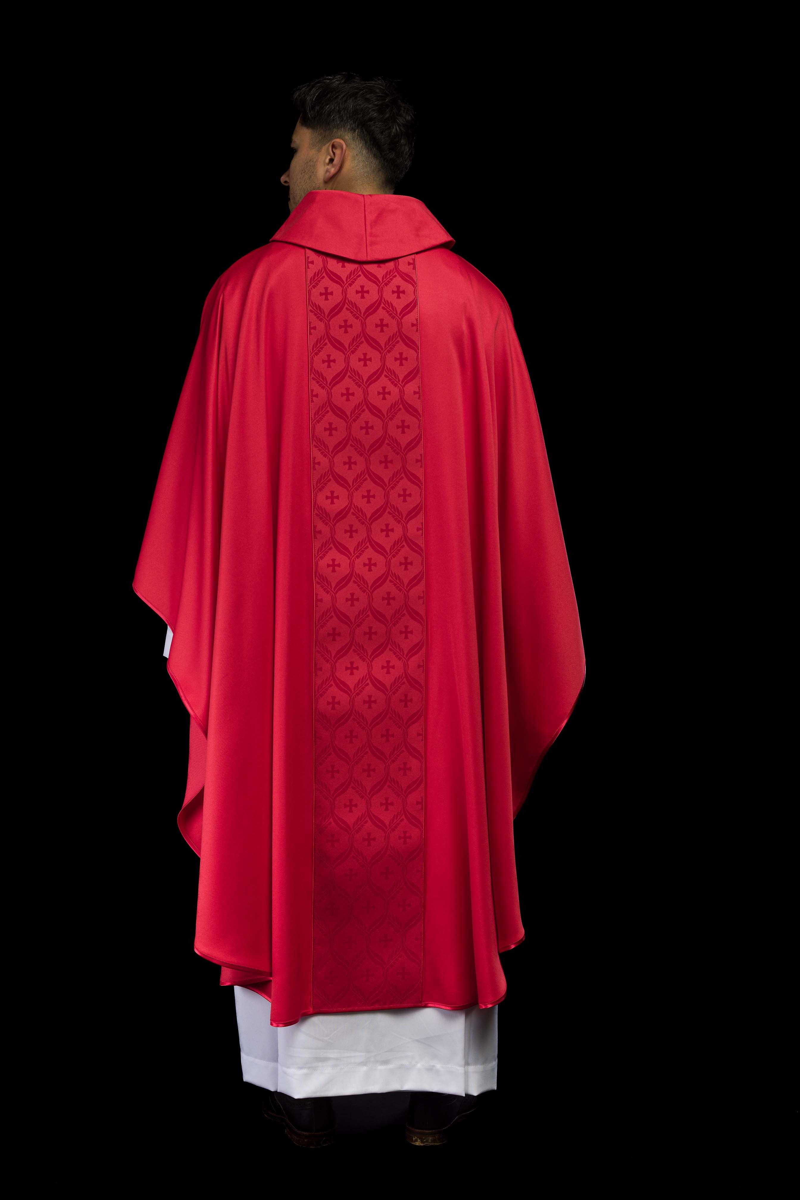Red Chasuble with Jacquard Orphrey Featuring Cross Motifs