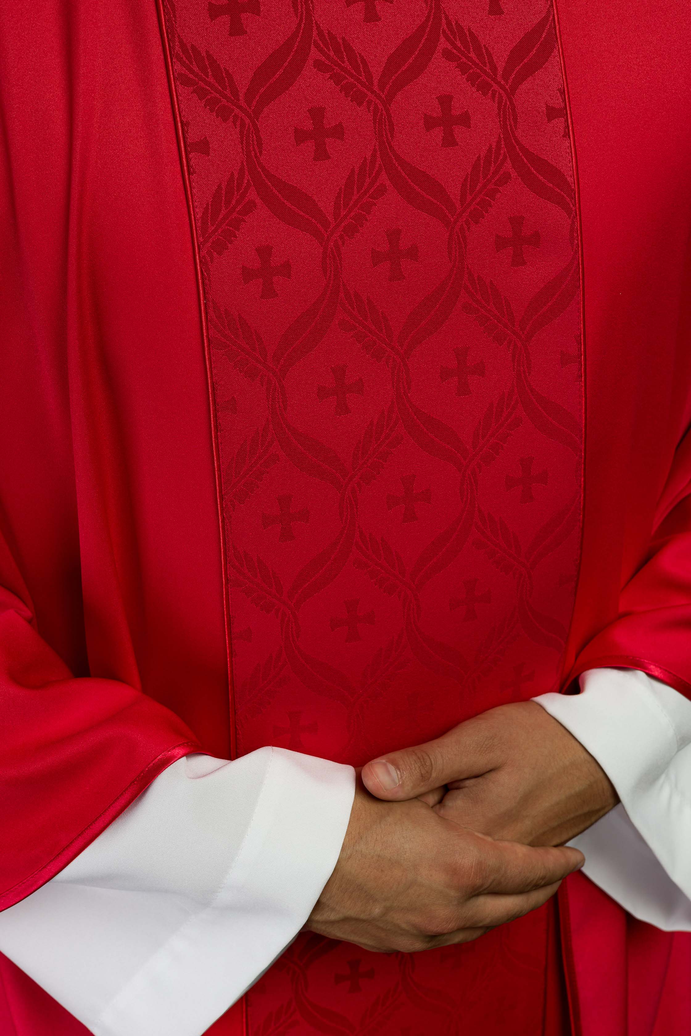 Red Chasuble with Jacquard Orphrey Featuring Cross Motifs