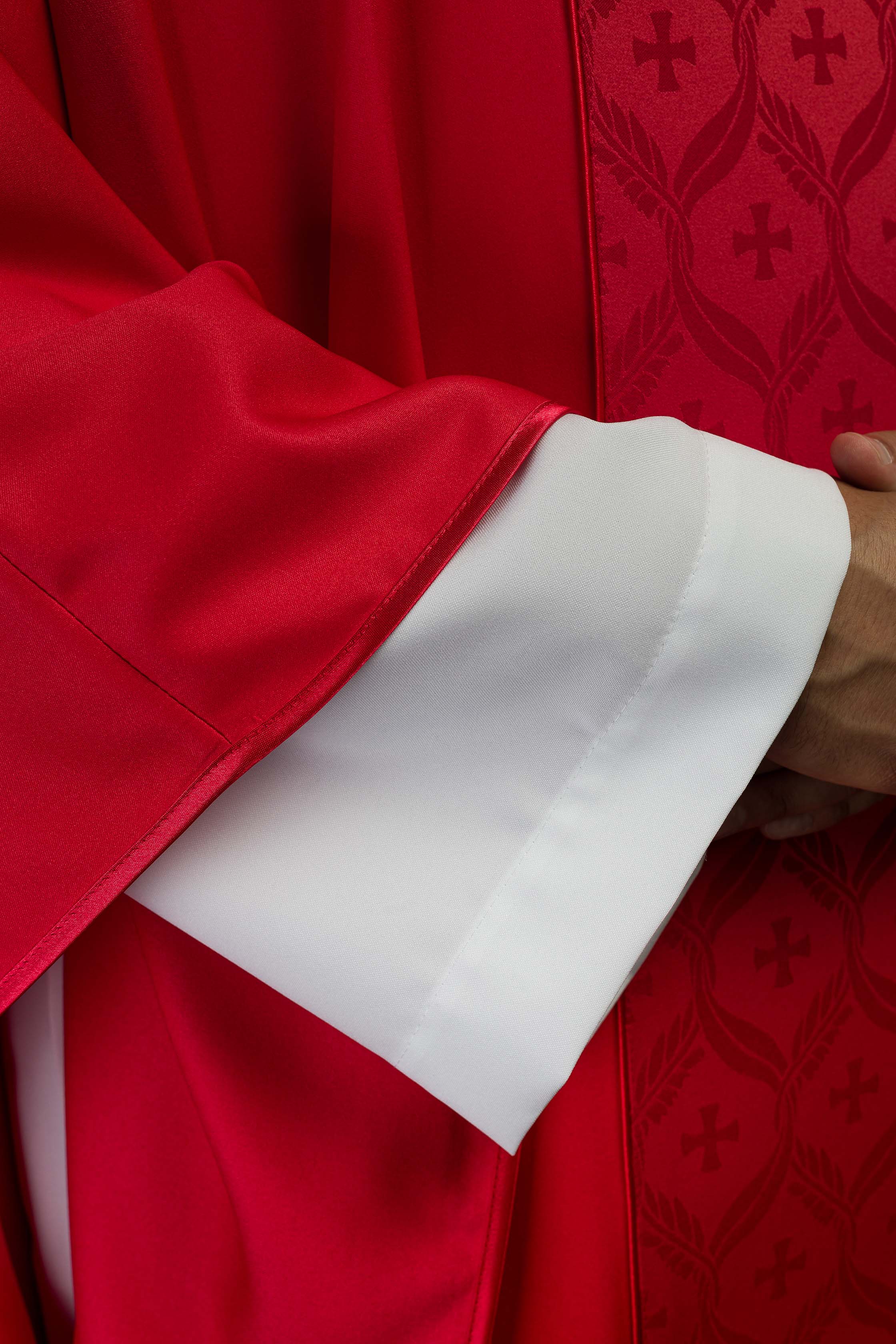 Red Chasuble with Jacquard Orphrey Featuring Cross Motifs