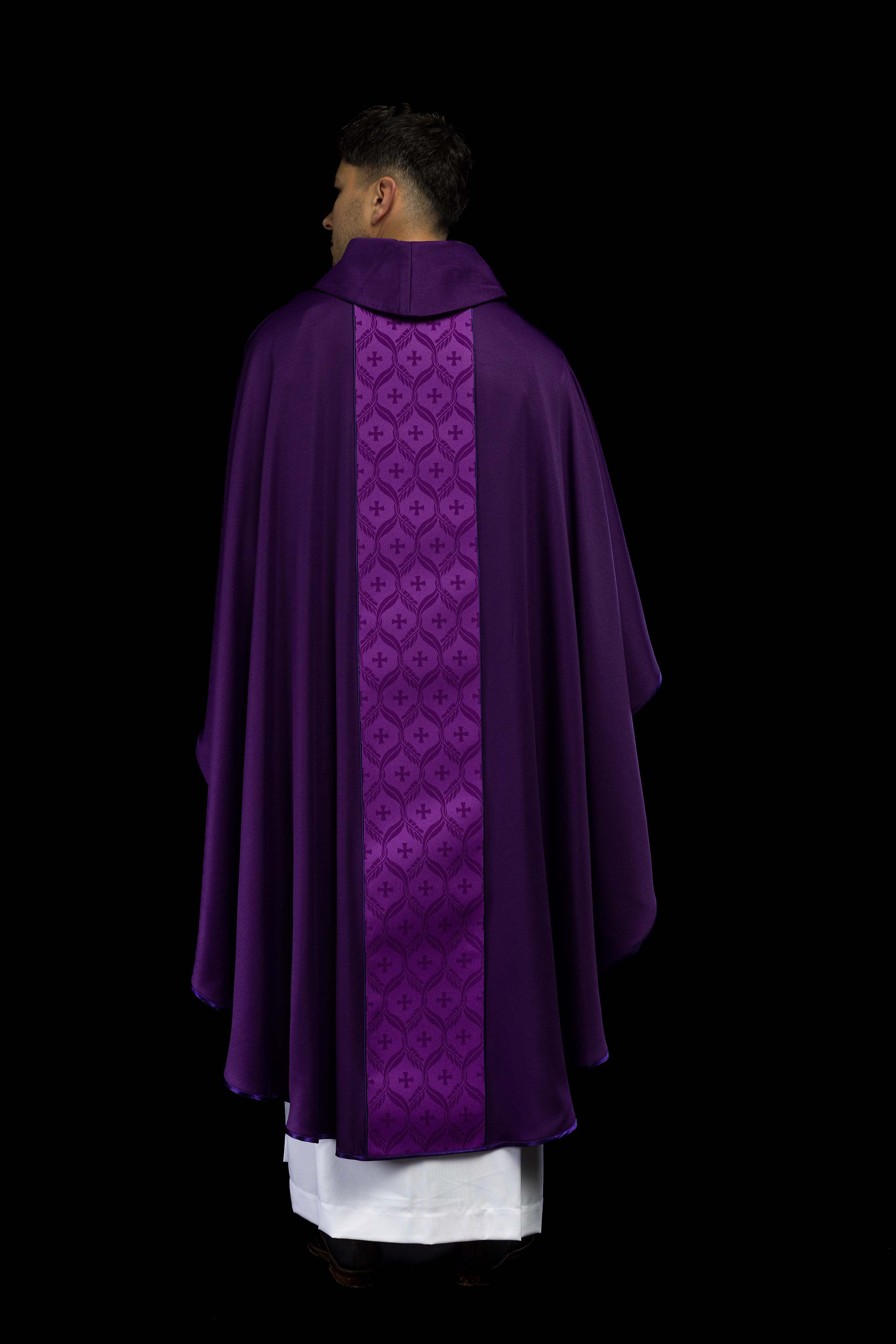 Purple Chasuble with Jacquard Orphrey Featuring Cross Motifs