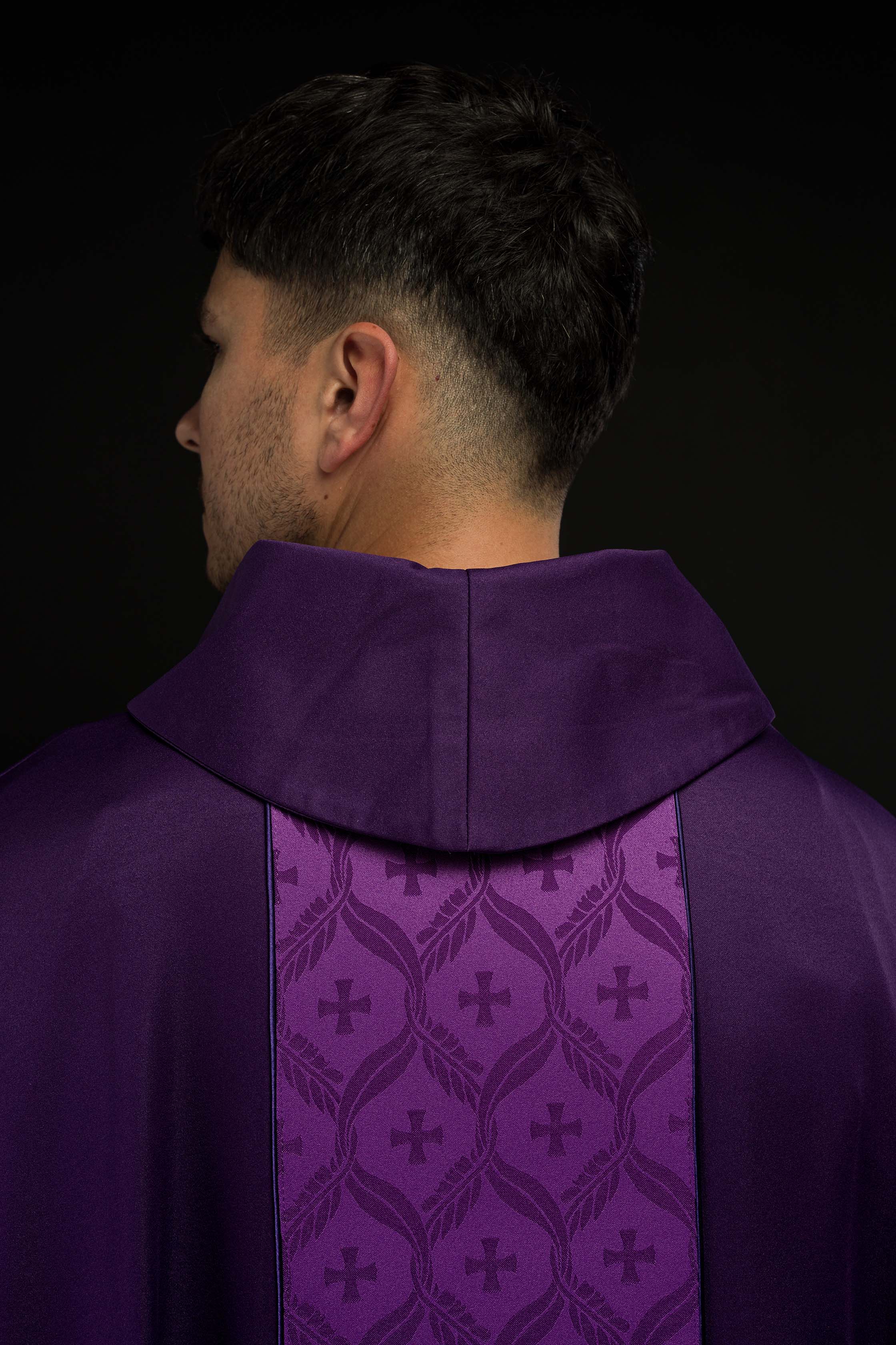 Purple Chasuble with Jacquard Orphrey Featuring Cross Motifs