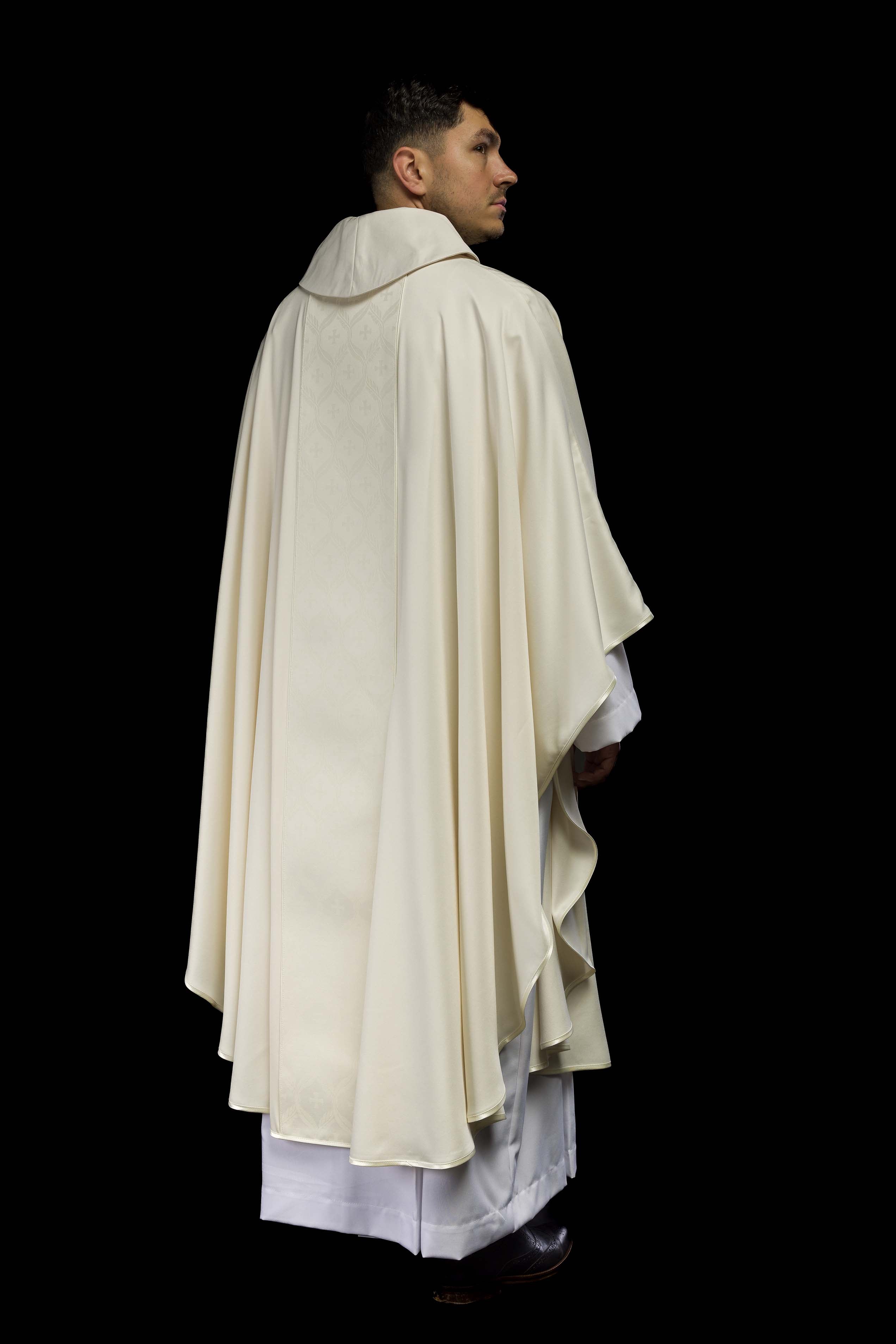 Ecru Chasuble with Jacquard Orphrey Featuring Cross Motifs