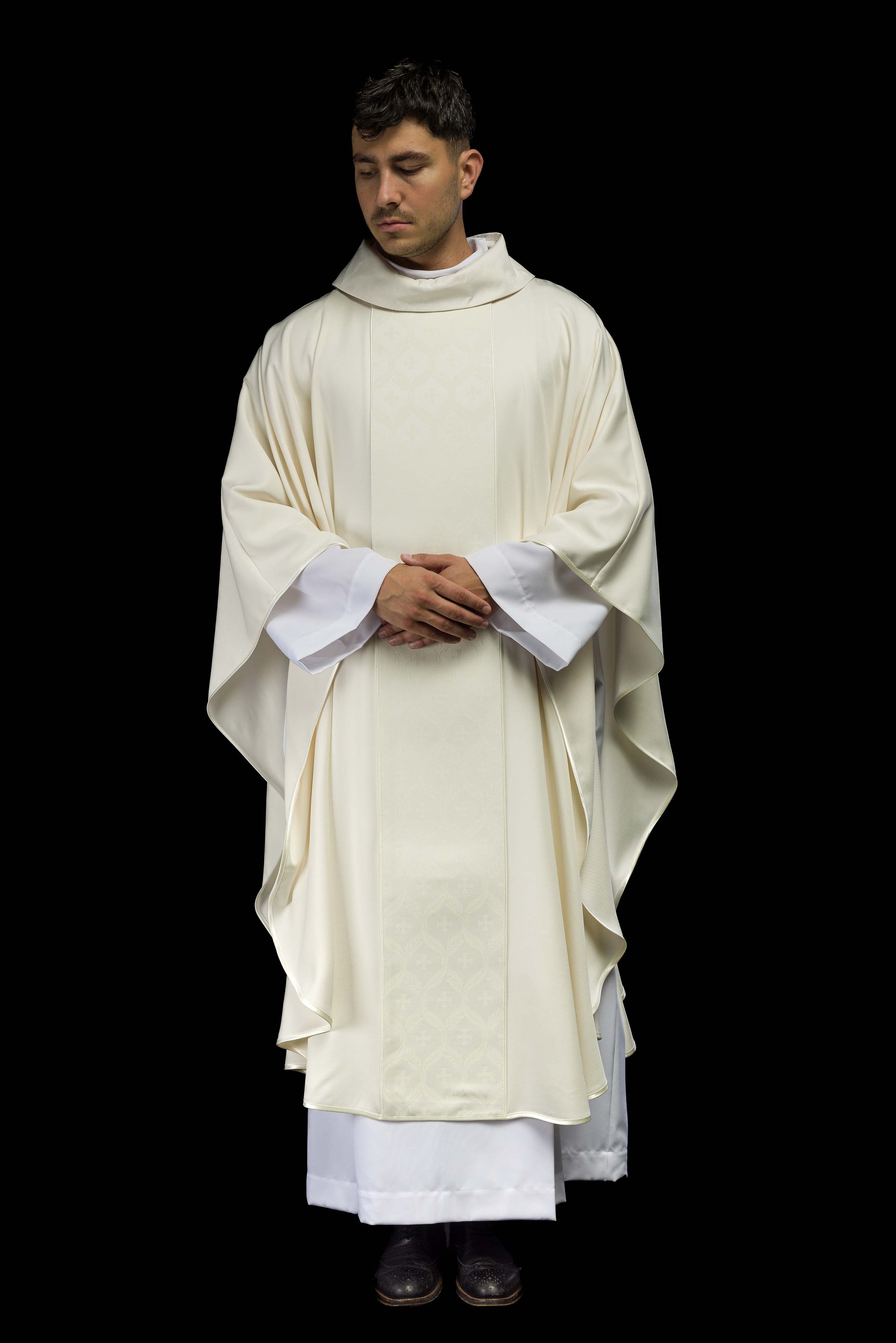 Ecru Chasuble with Jacquard Orphrey Featuring Cross Motifs