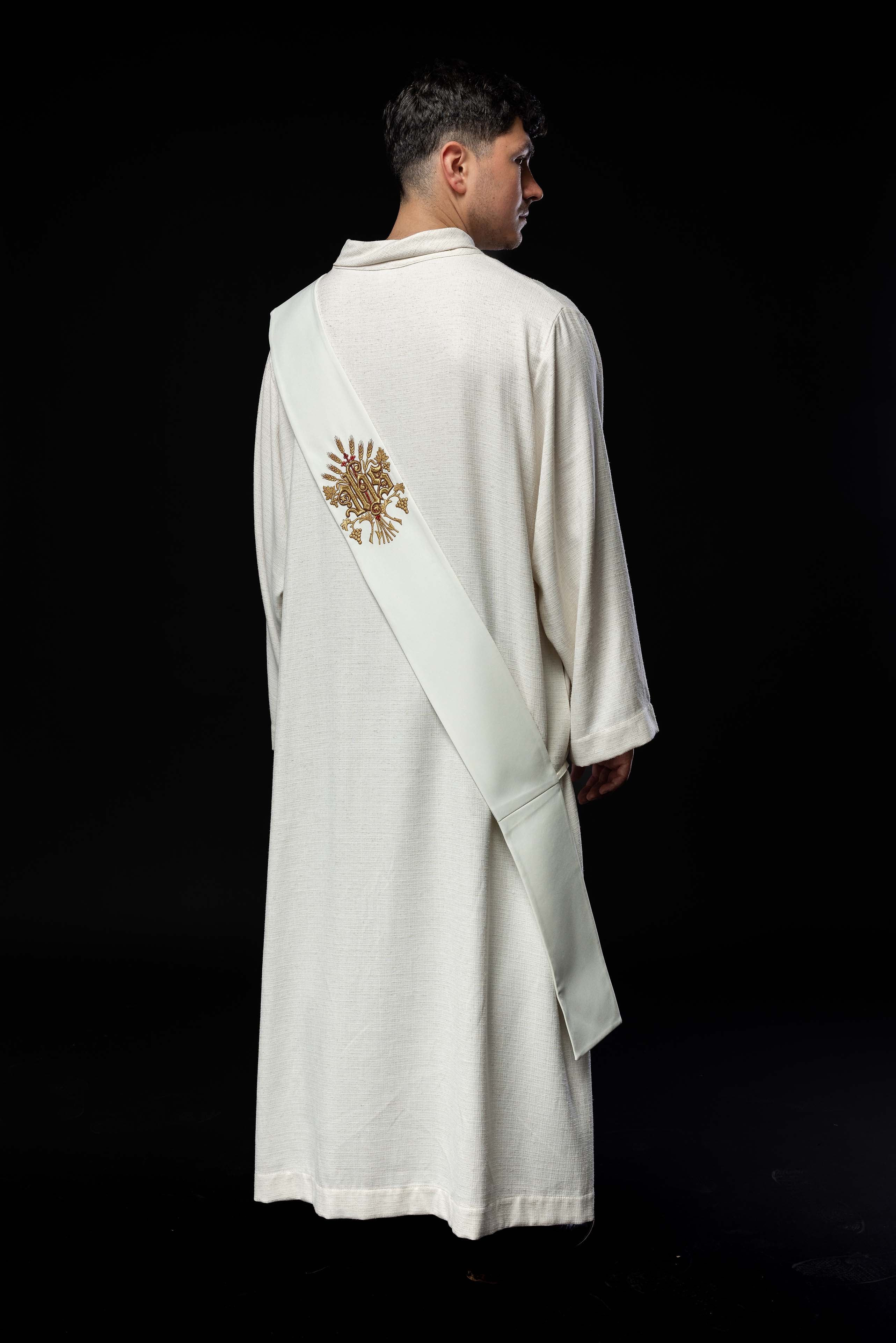 Deacon stole with grape and cross motif in ecru