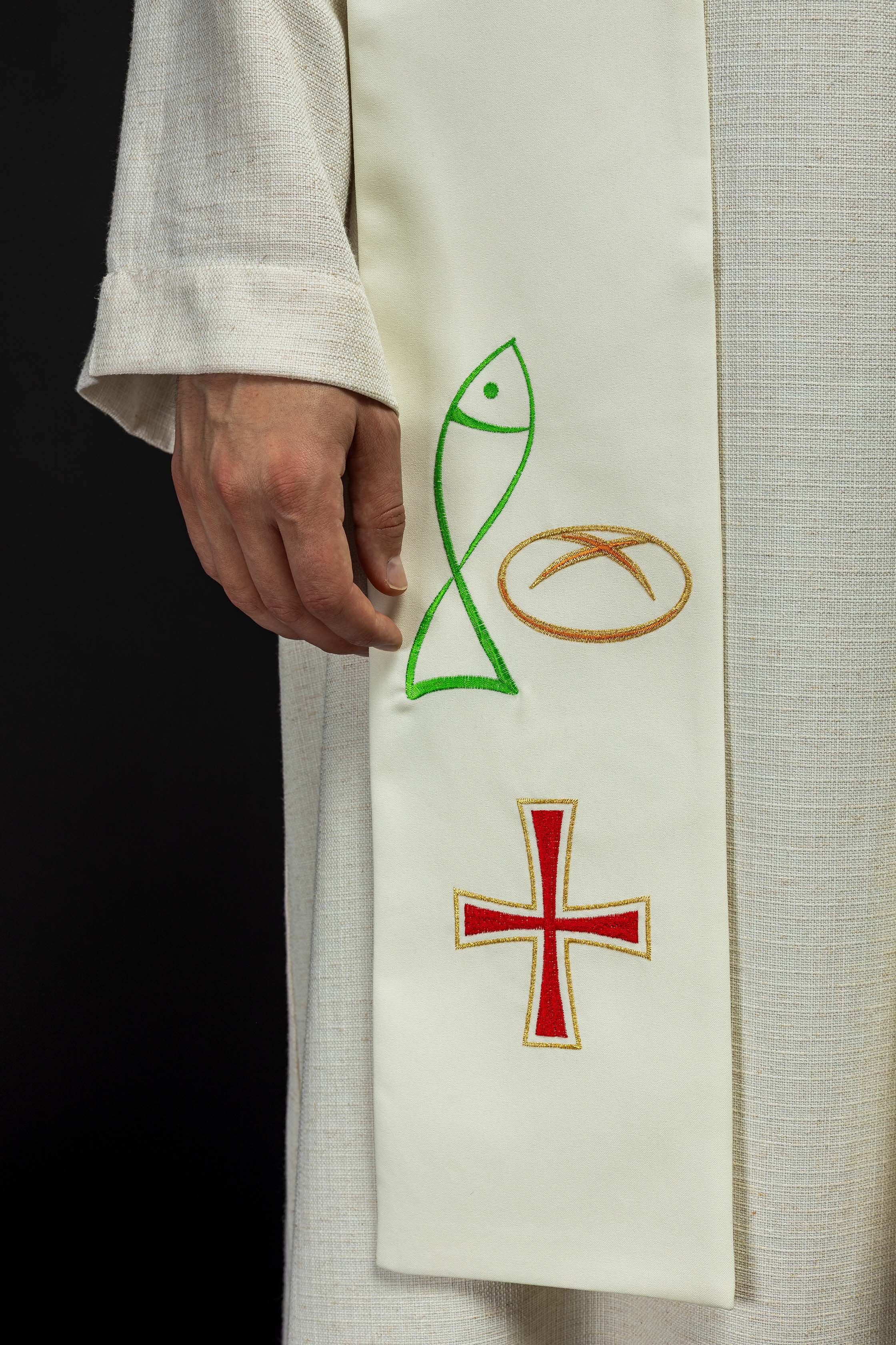 Stuła kapłańska haftowana Ryba Chleb Krzyż w kolorze ecru - ORNATY.PL