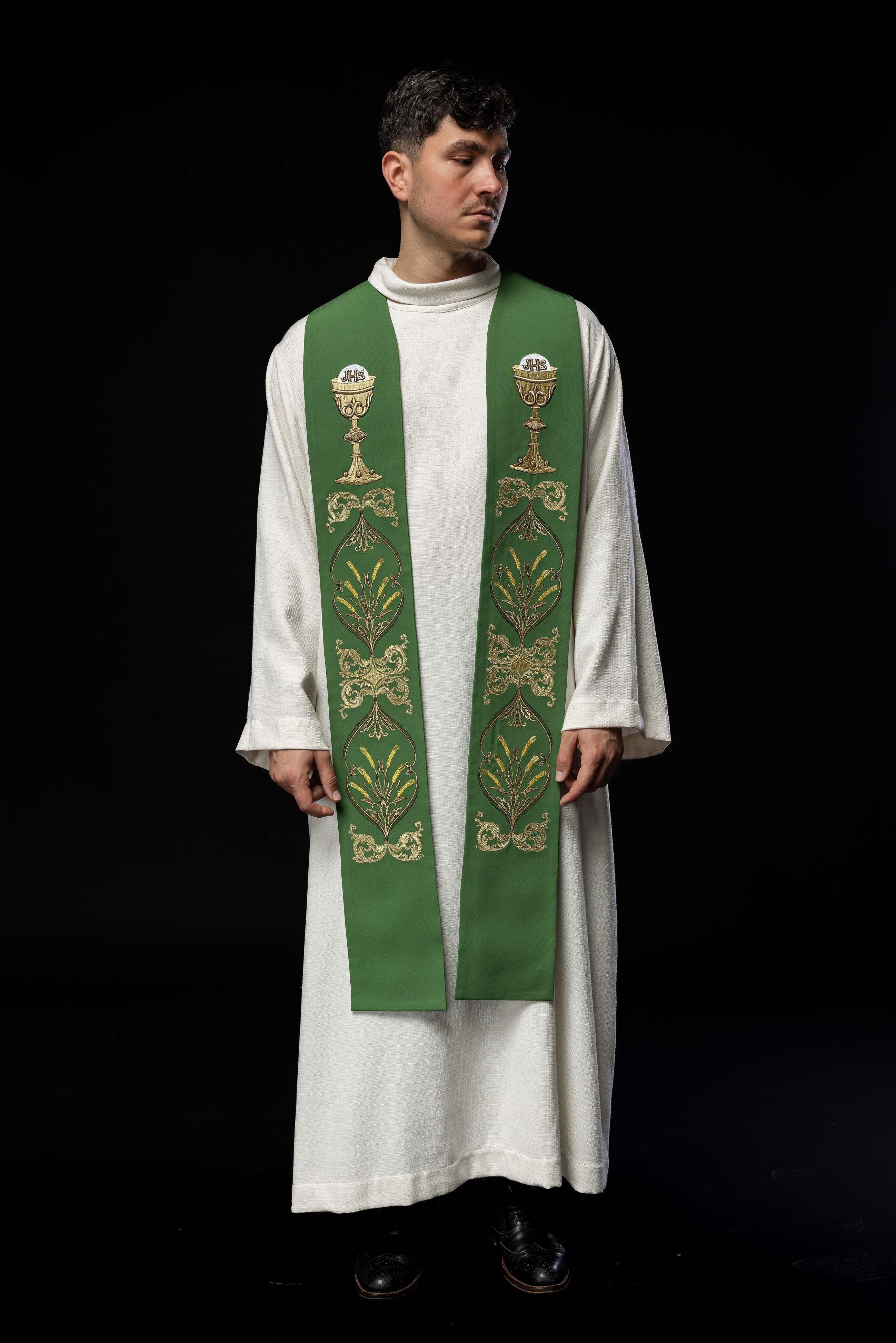 Green priestly stole with IHS chalice