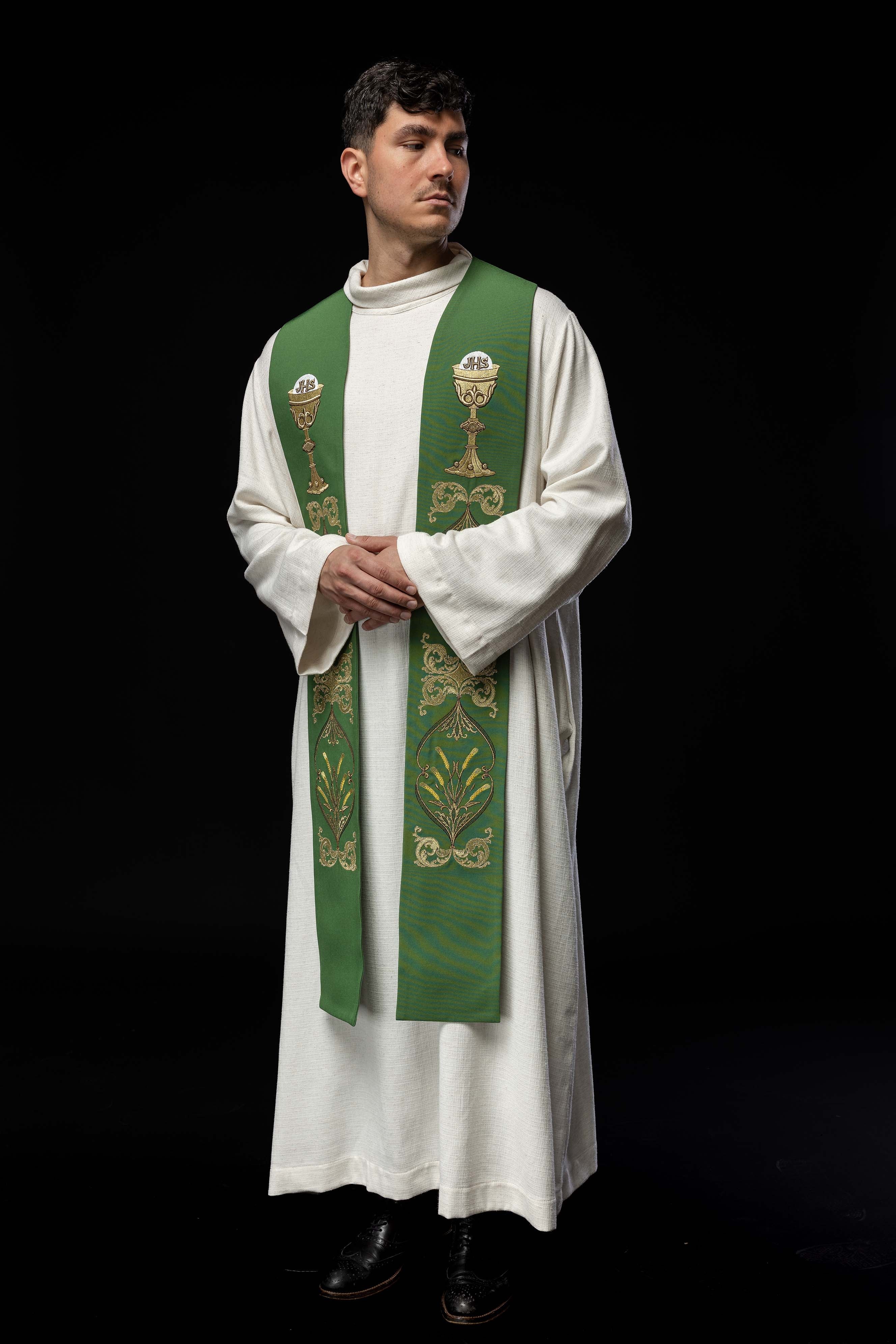Green priestly stole with IHS chalice