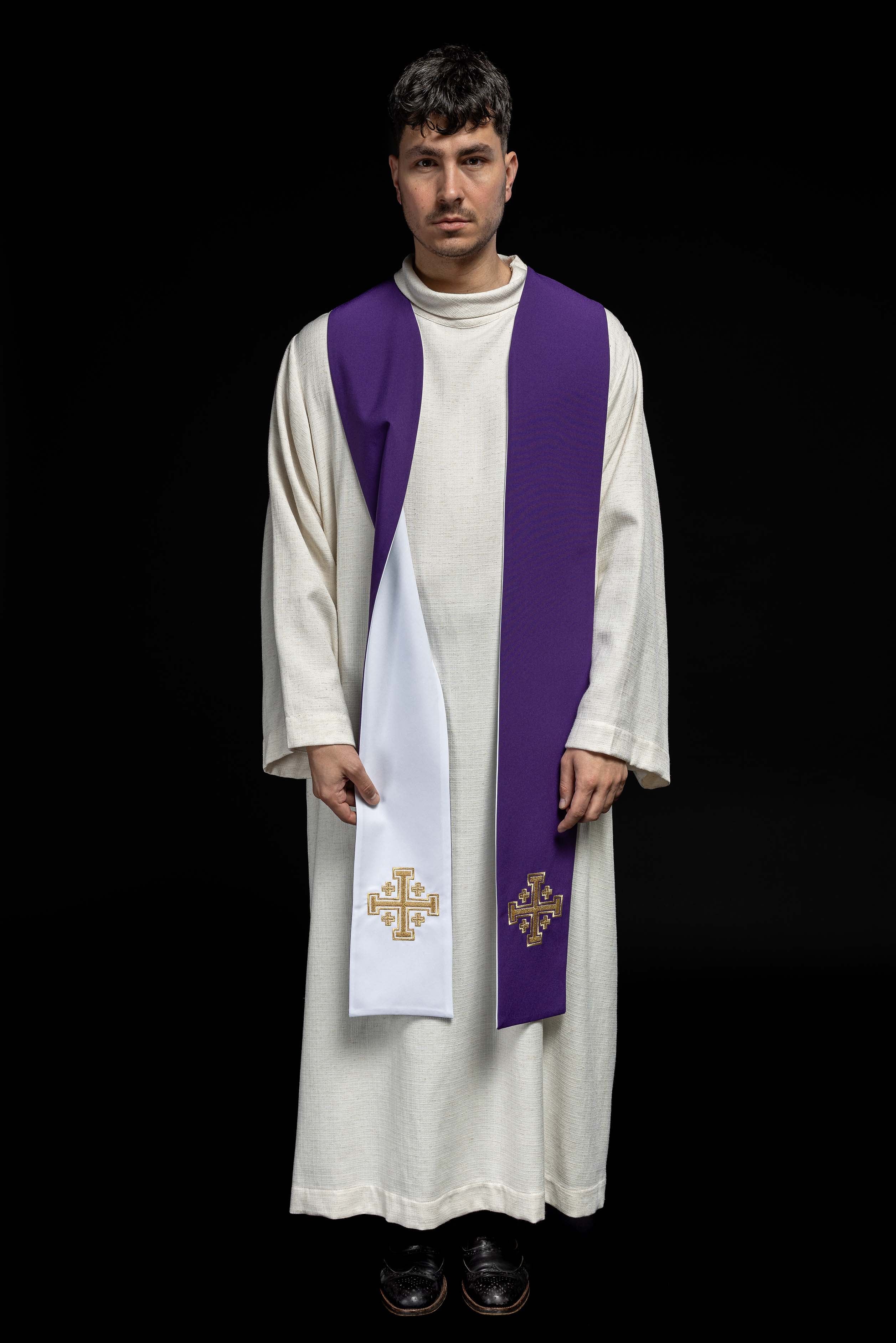 Purple and White Jerusalem Cross embroidered priestly stole - HAFTINAUSA.COM