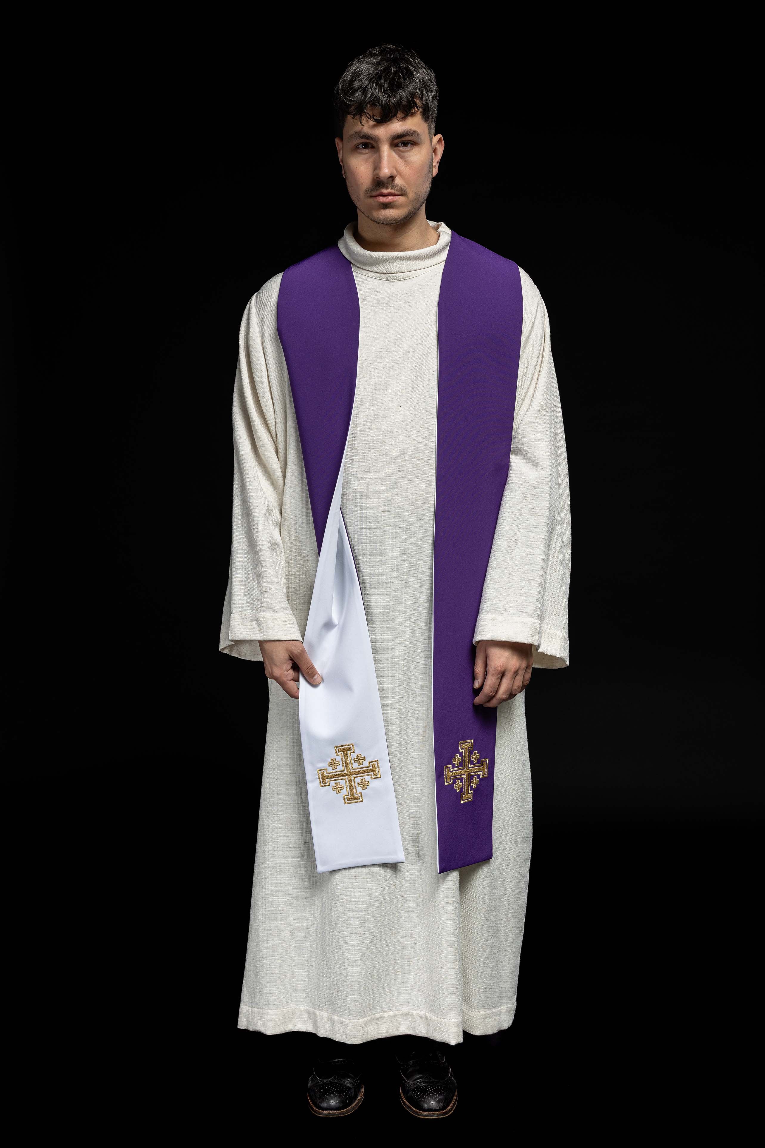 Purple and White Jerusalem Cross embroidered priestly stole - HAFTINAUSA.COM