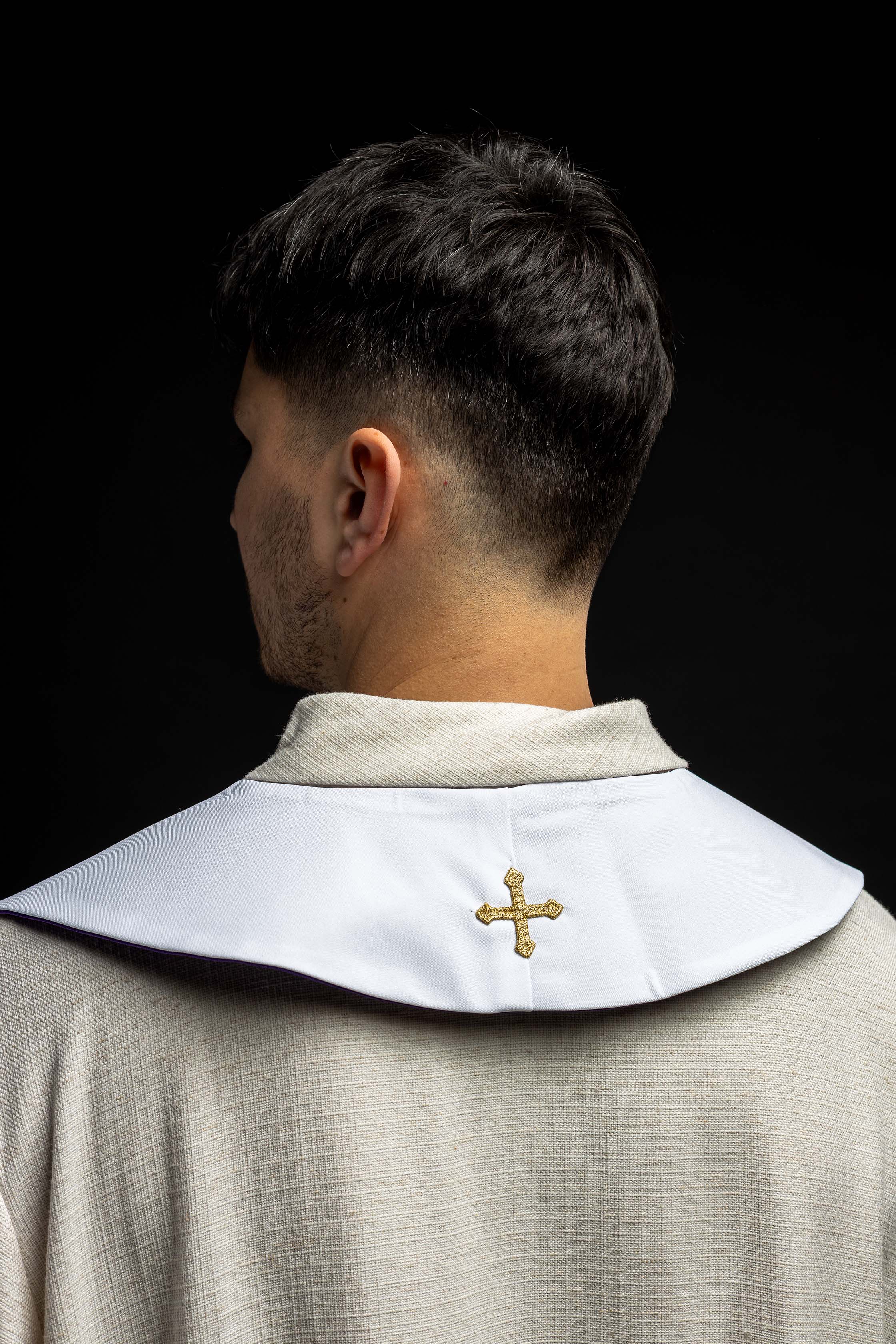 Purple and White Jerusalem Cross embroidered priestly stole - HAFTINAUSA.COM