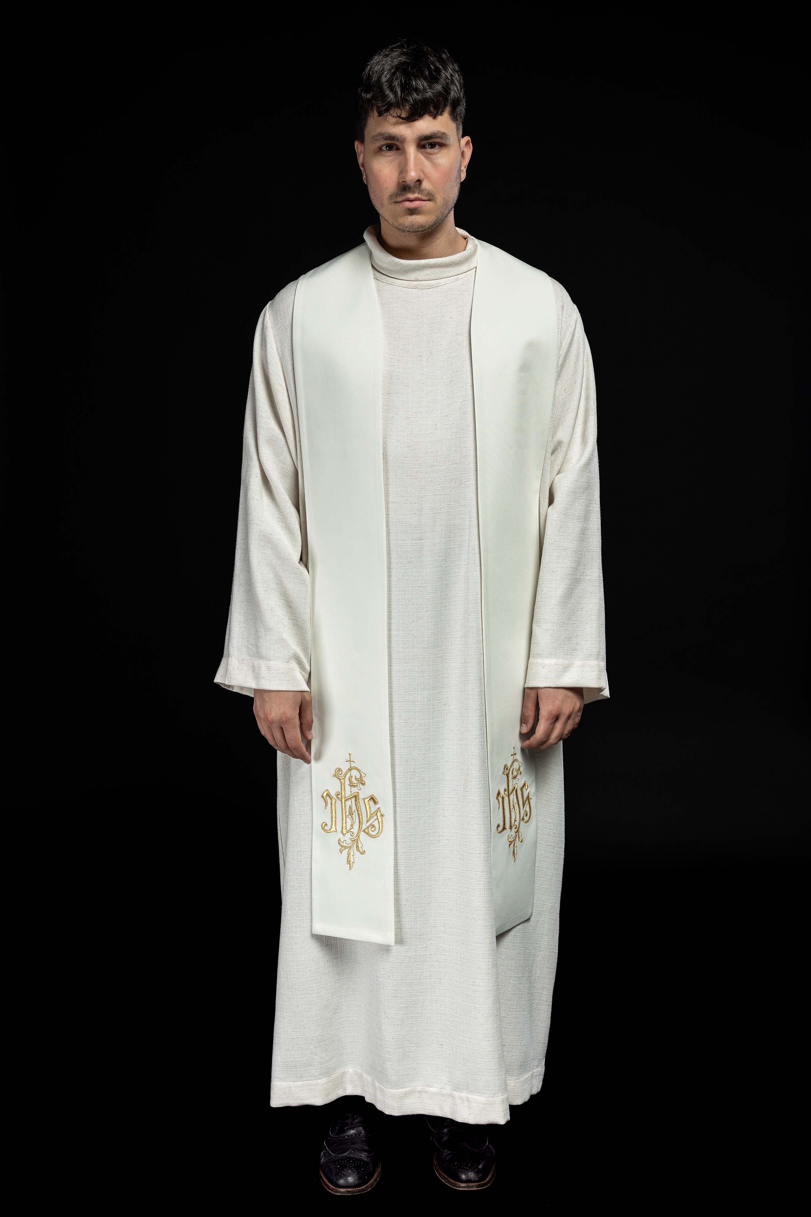 Ecru embroidered IHS stole - HAFTINAUSA.COM