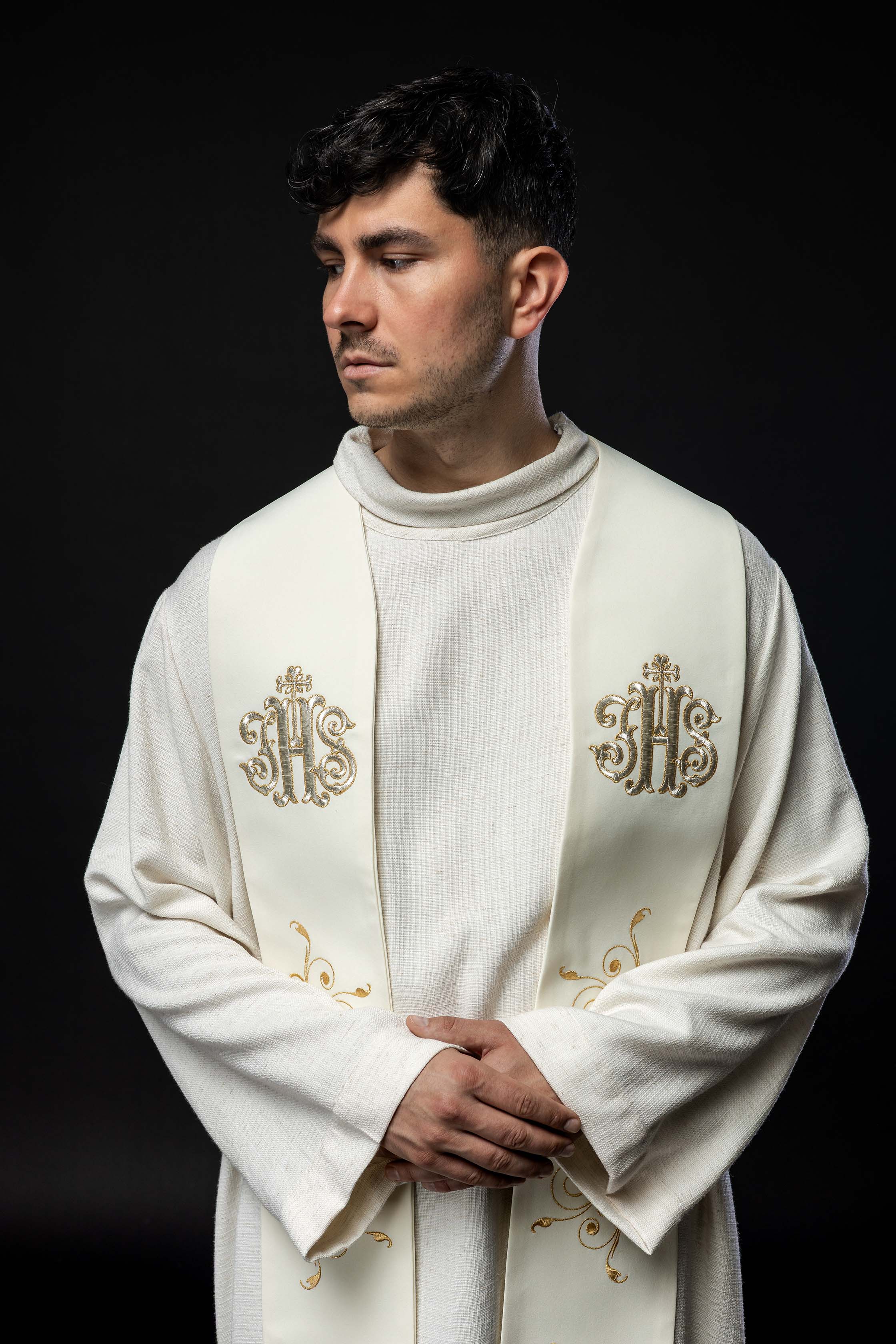 Ecru embroidered stole with IHS