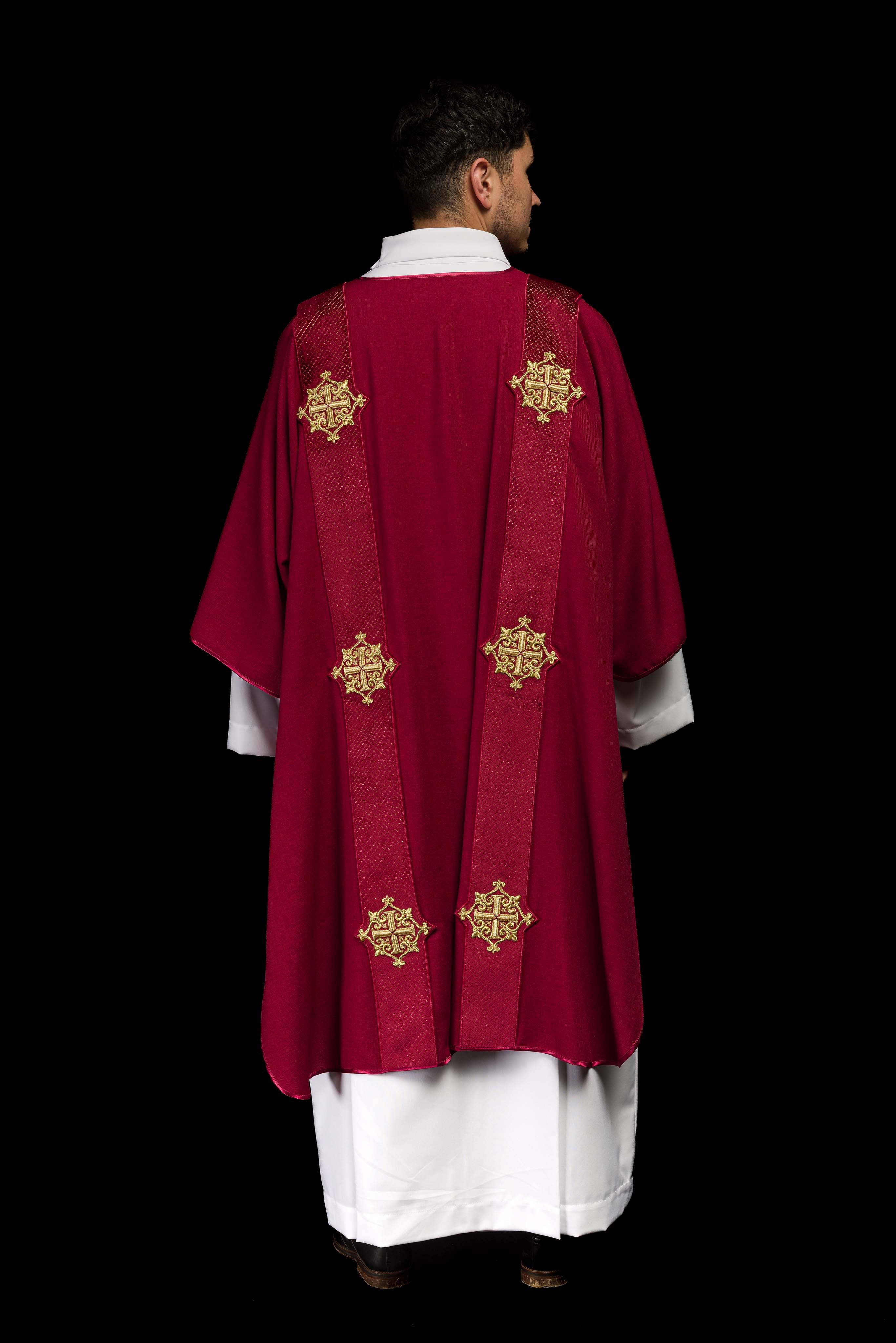 Red dalmatic with velvet bands and cross symbols