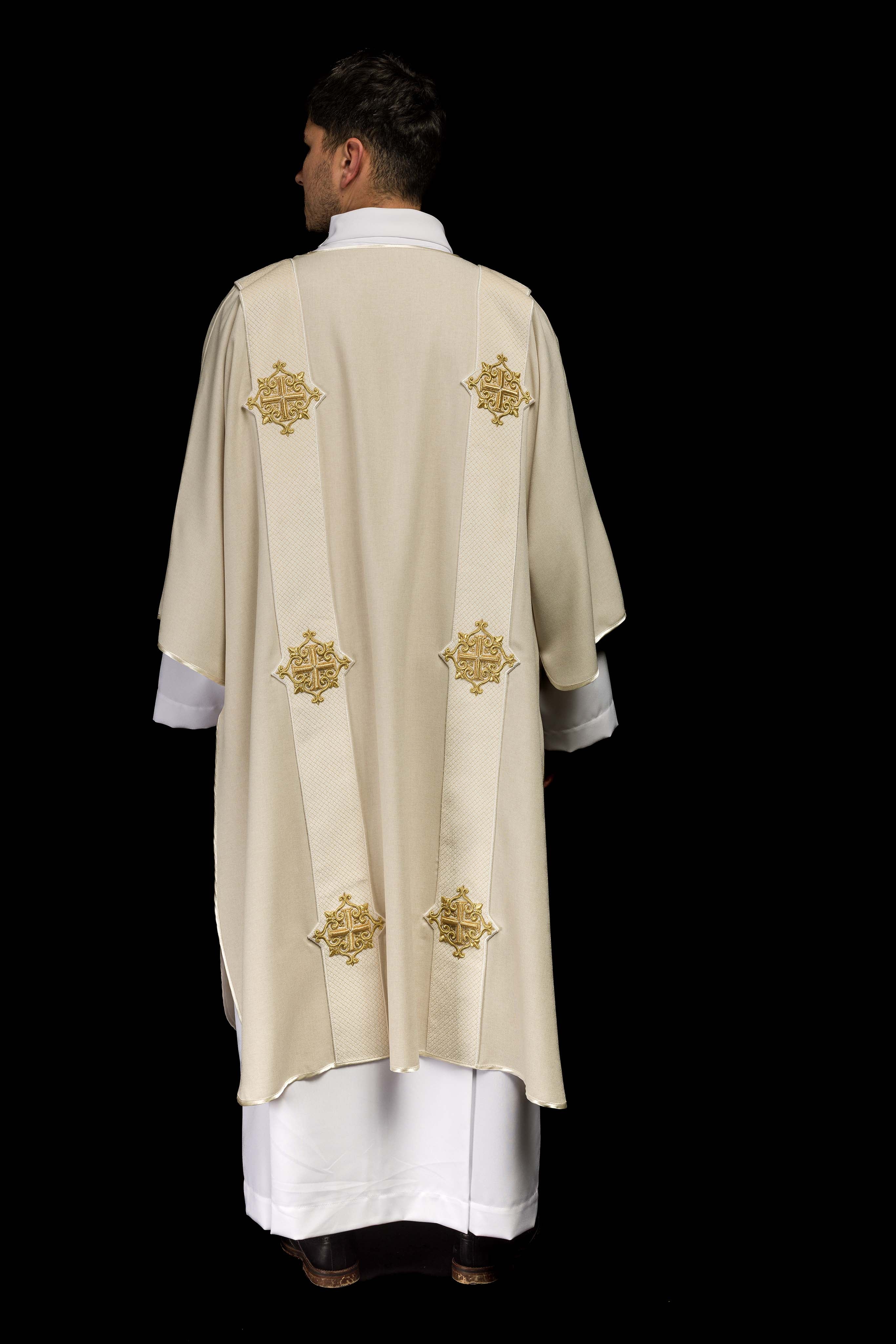 Ecru dalmatic with velvet bands and cross symbols