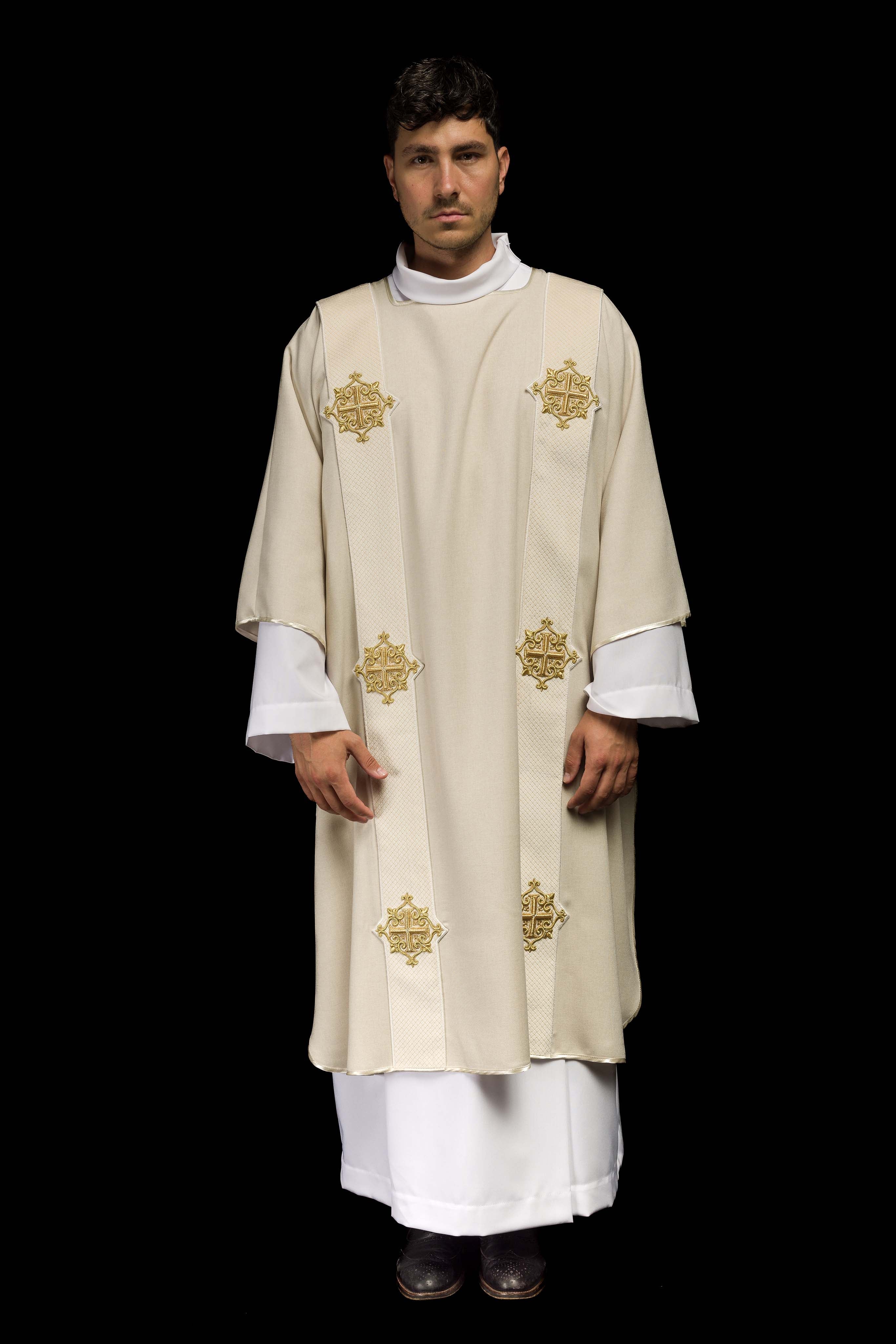 Ecru dalmatic with velvet bands and cross symbols