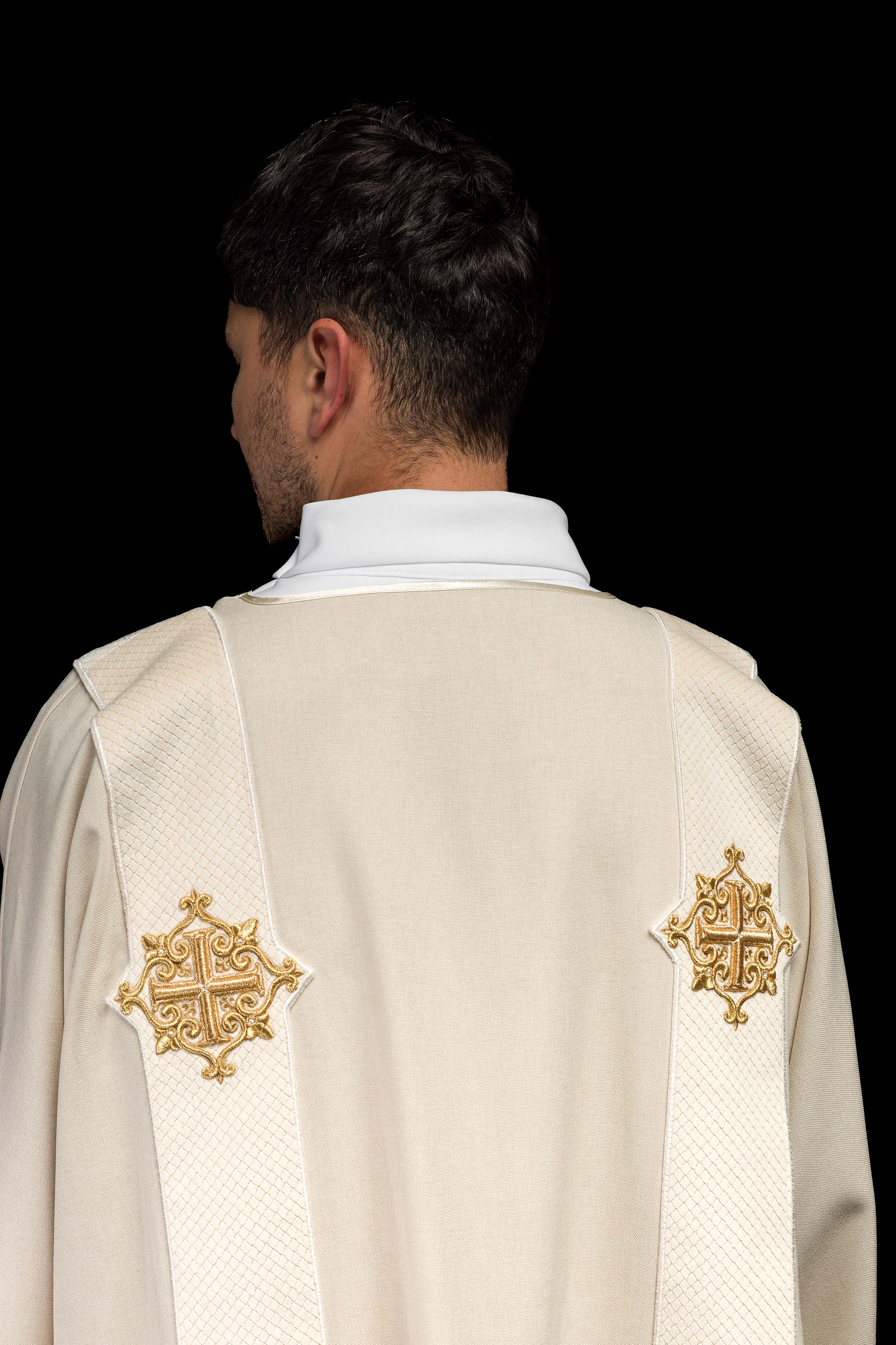 Ecru dalmatic with velvet bands and cross symbols