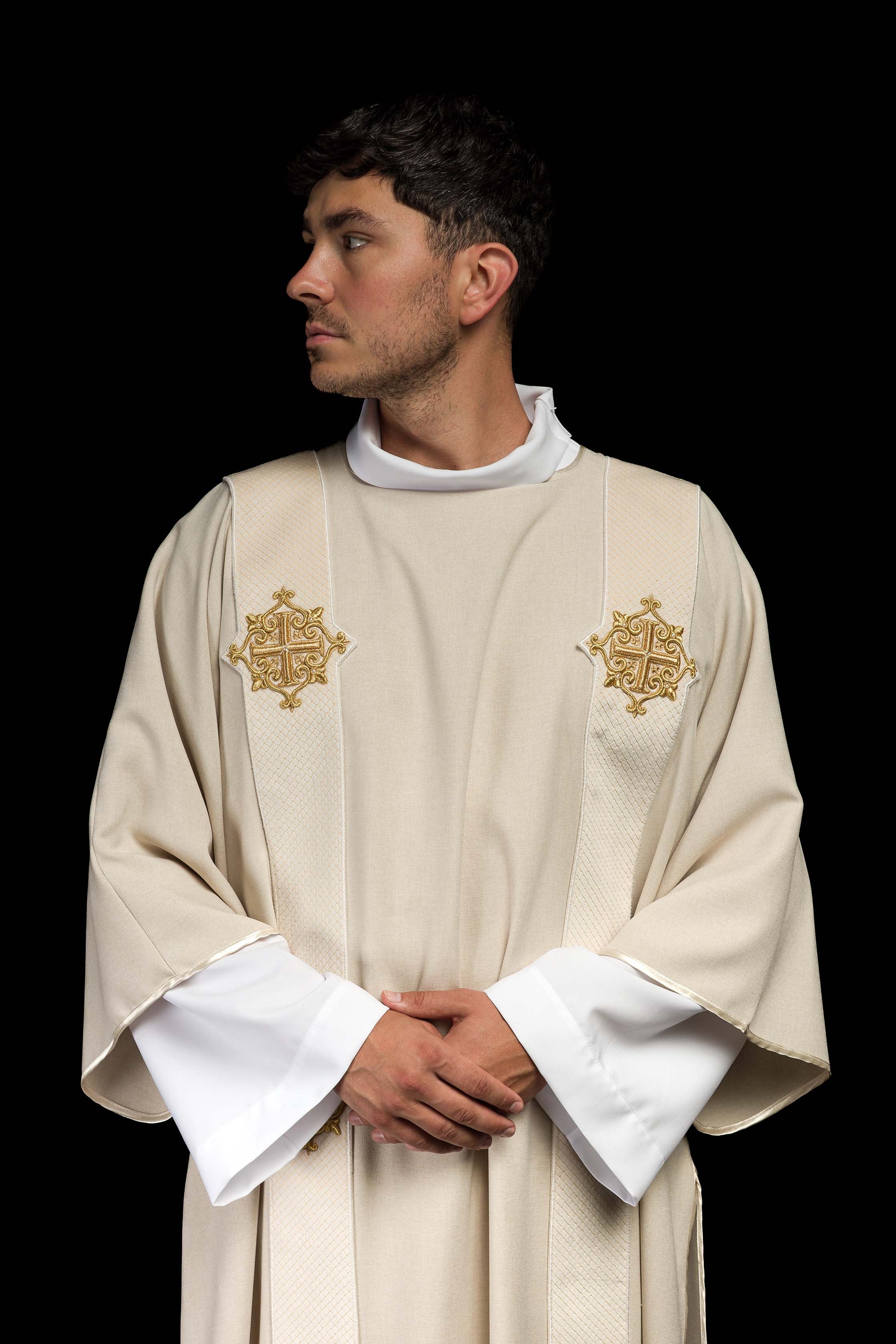 Ecru dalmatic with velvet bands and cross symbols