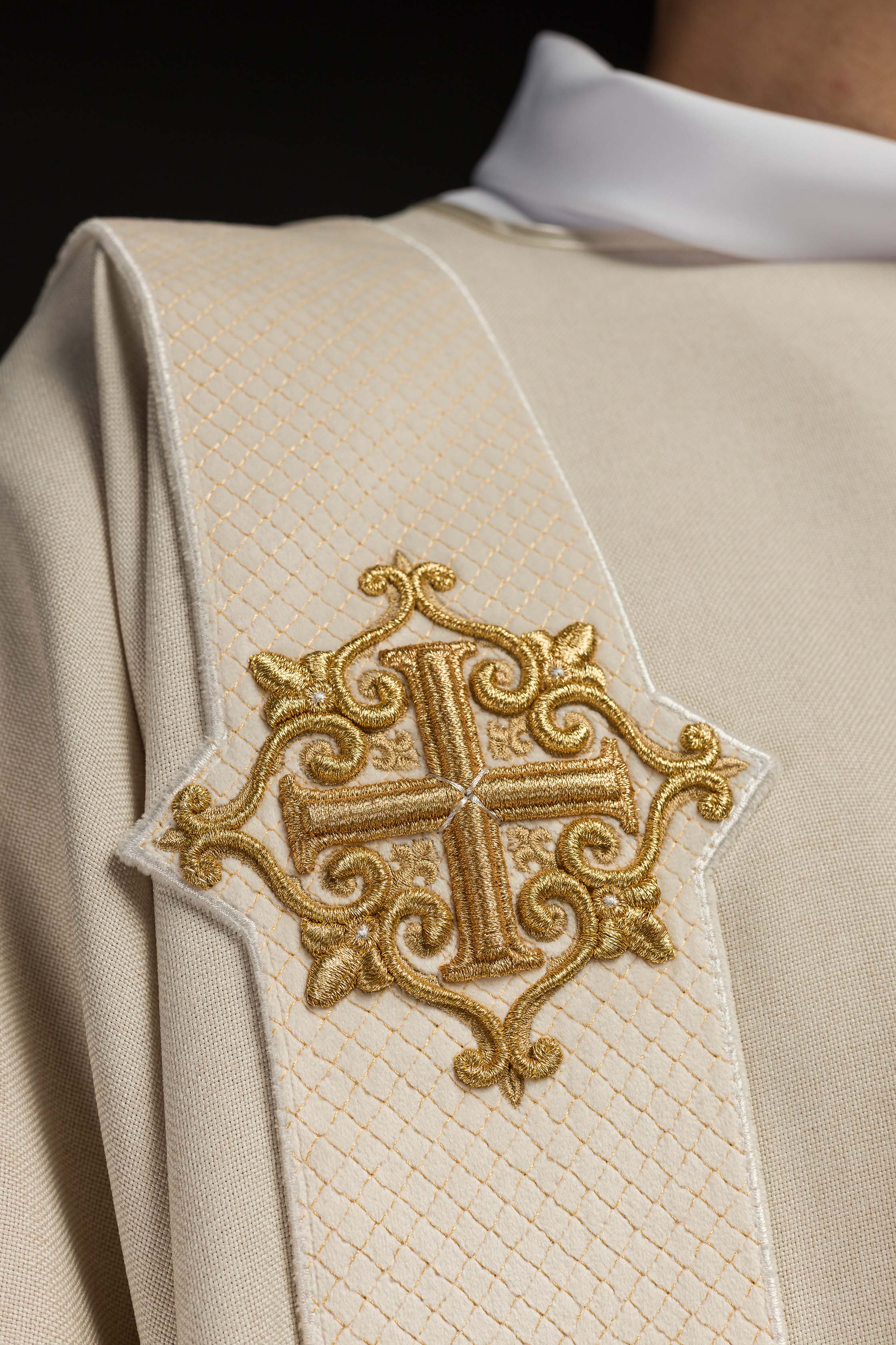 Ecru dalmatic with velvet bands and cross symbols