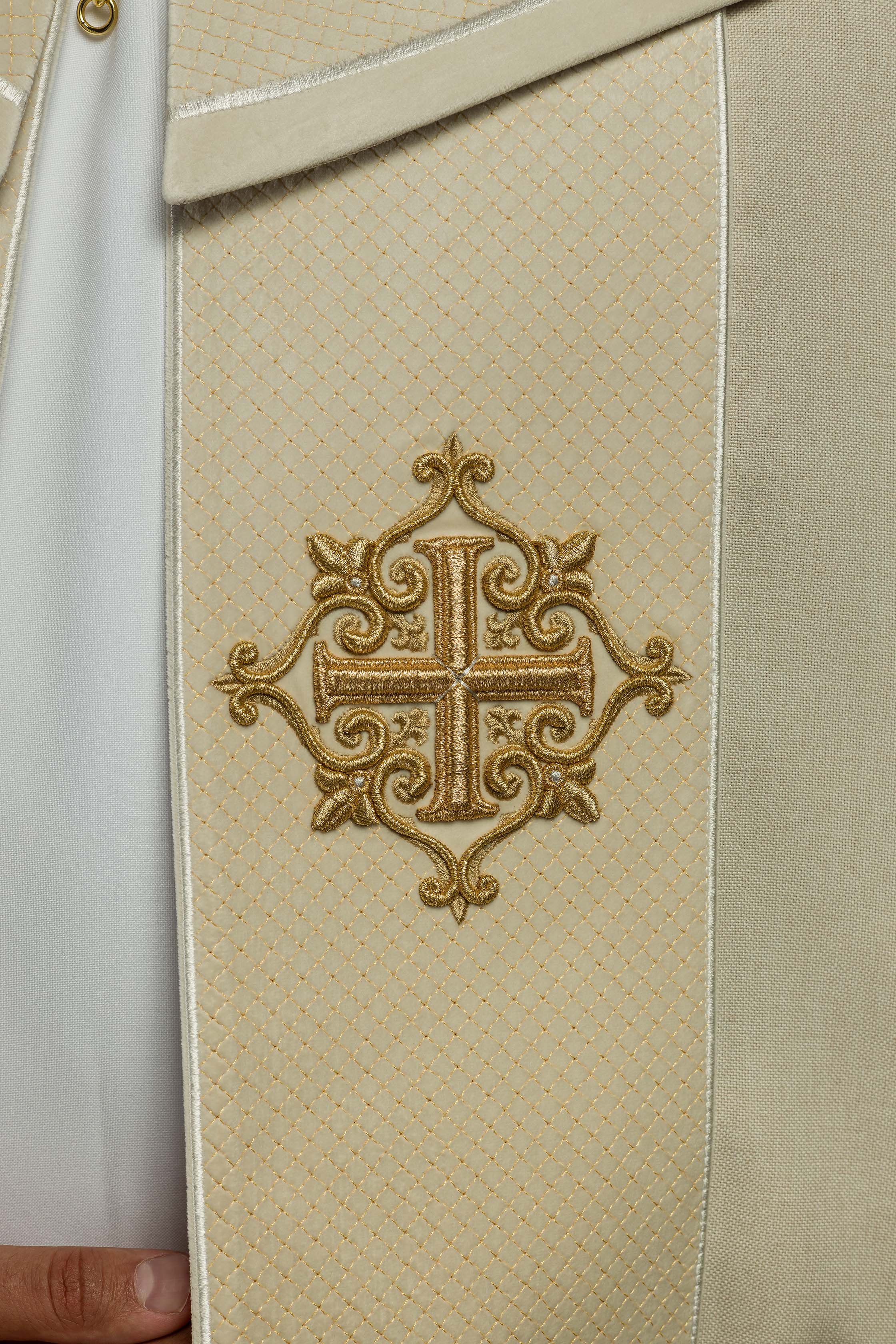 Liturgical Cope with Ecru Velvet Orphrey and Cross Embroidery