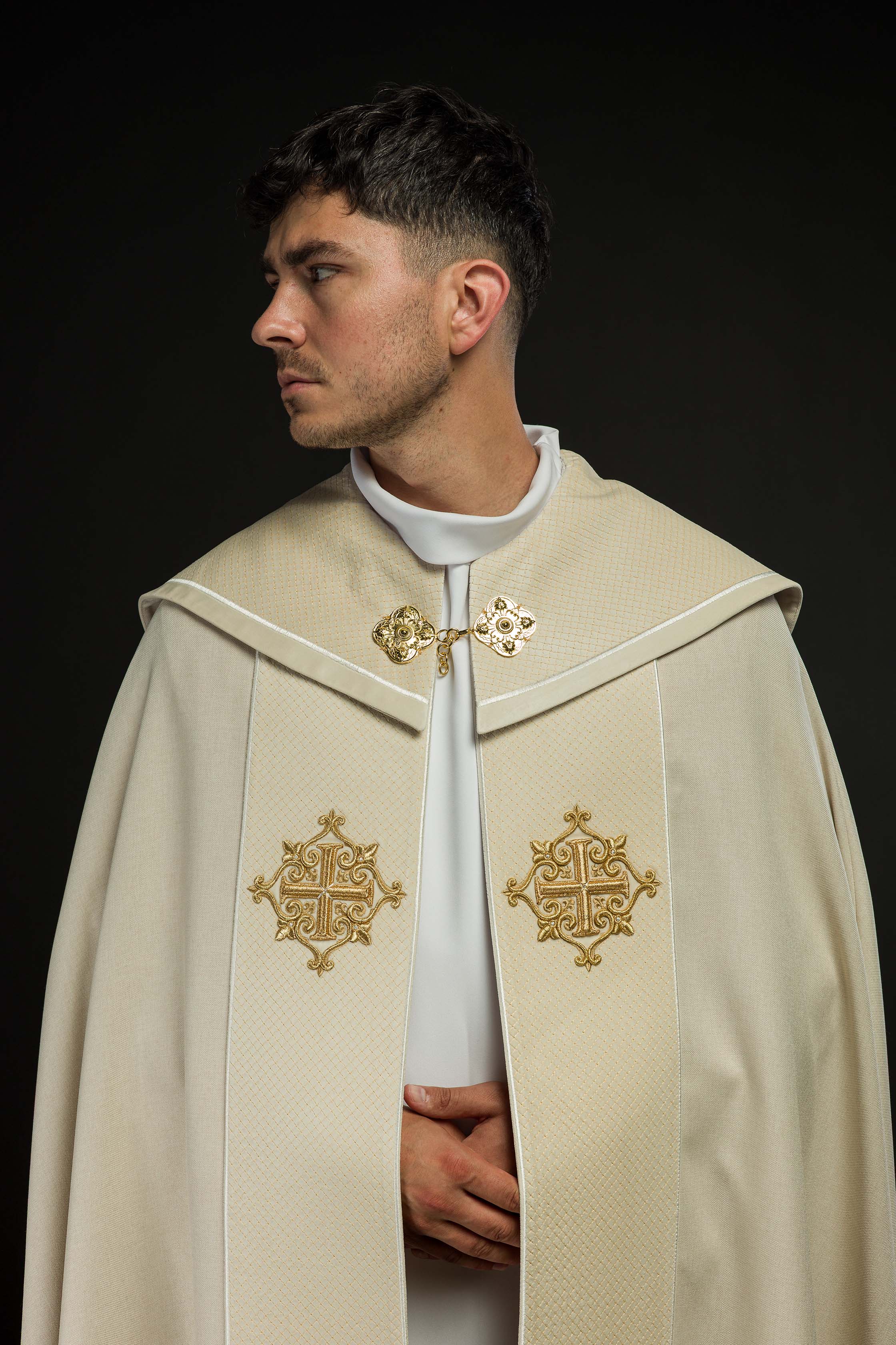 Liturgical Cope with Ecru Velvet Orphrey and Cross Embroidery