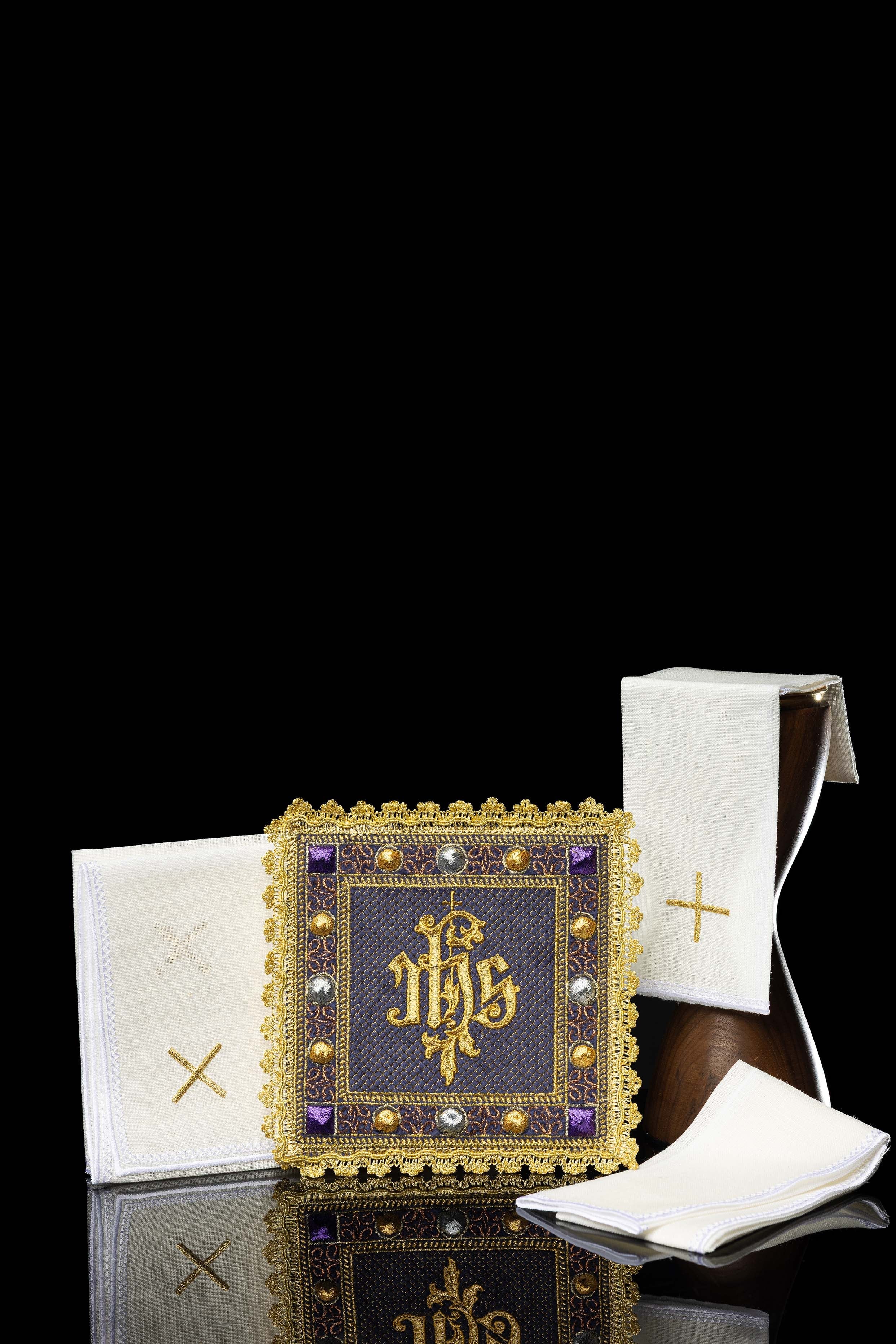 Velvet chalice set in purple color with embroidered IHS symbol