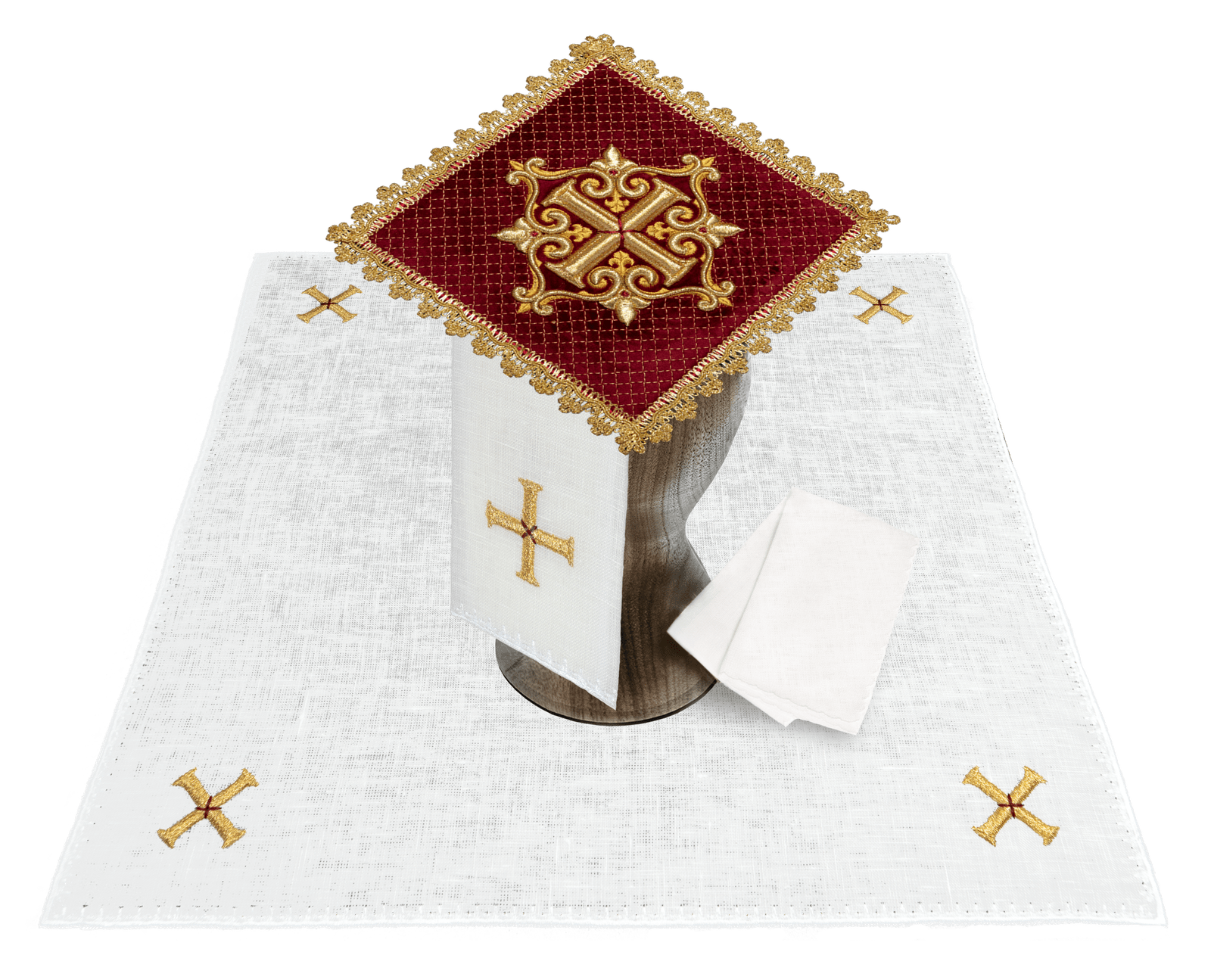 Altar linen set made of red velvet with gold cross embroidery LE/5029/C2/LEN - HAFTINAUSA.COM