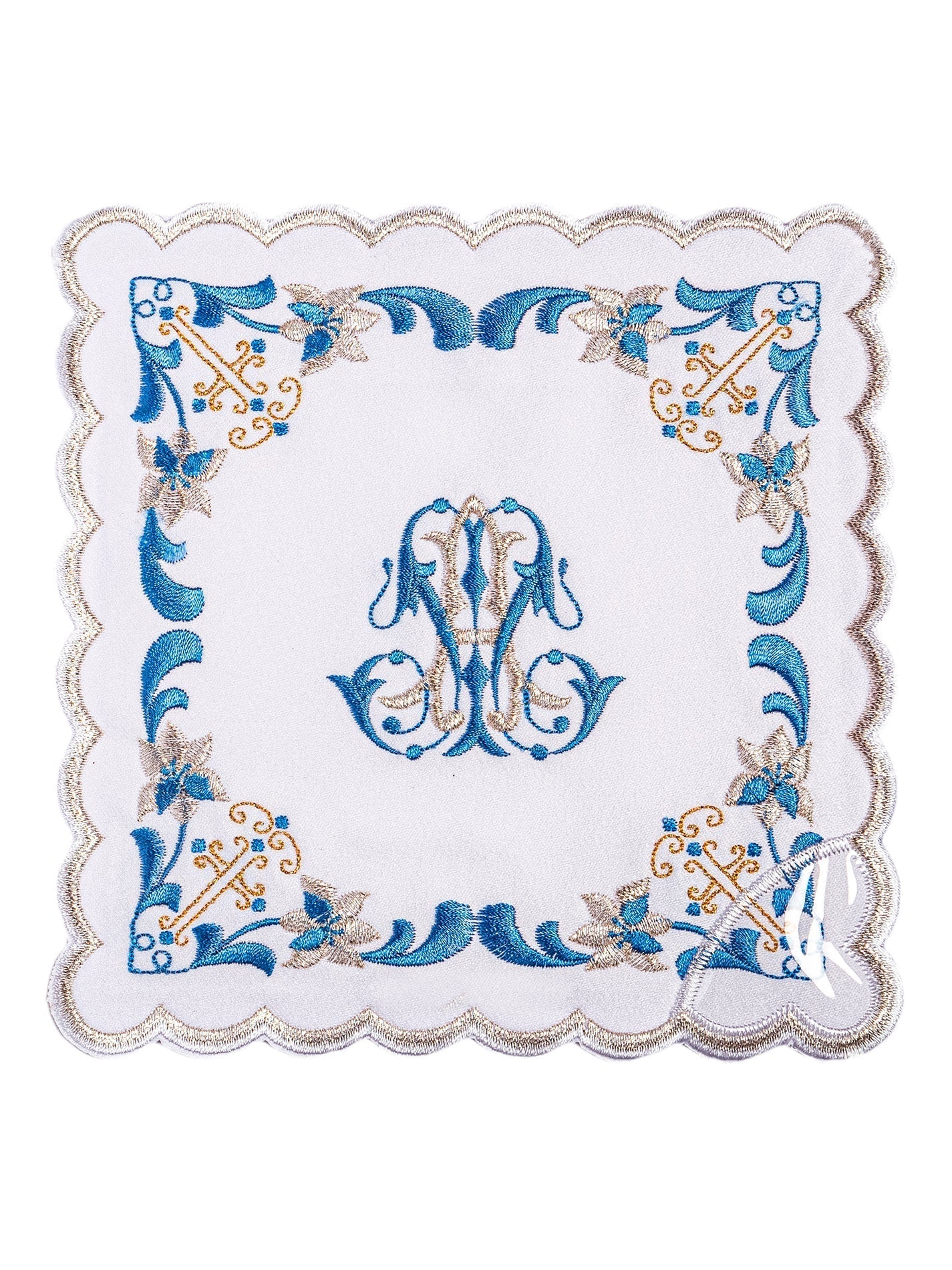 Chalice Linens with Blue Trim and Marian Embroidery KK/092 - HAFTINAUSA.COM