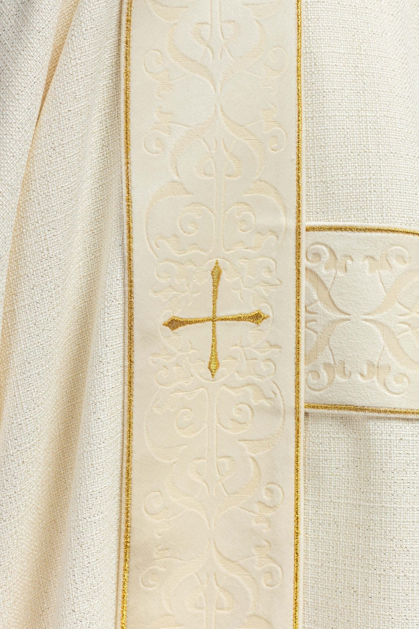 Curtain with velvet stripes and embroidered gold crosses, ecru KDL/395/05/71/B - HAFTINAUSA.COM